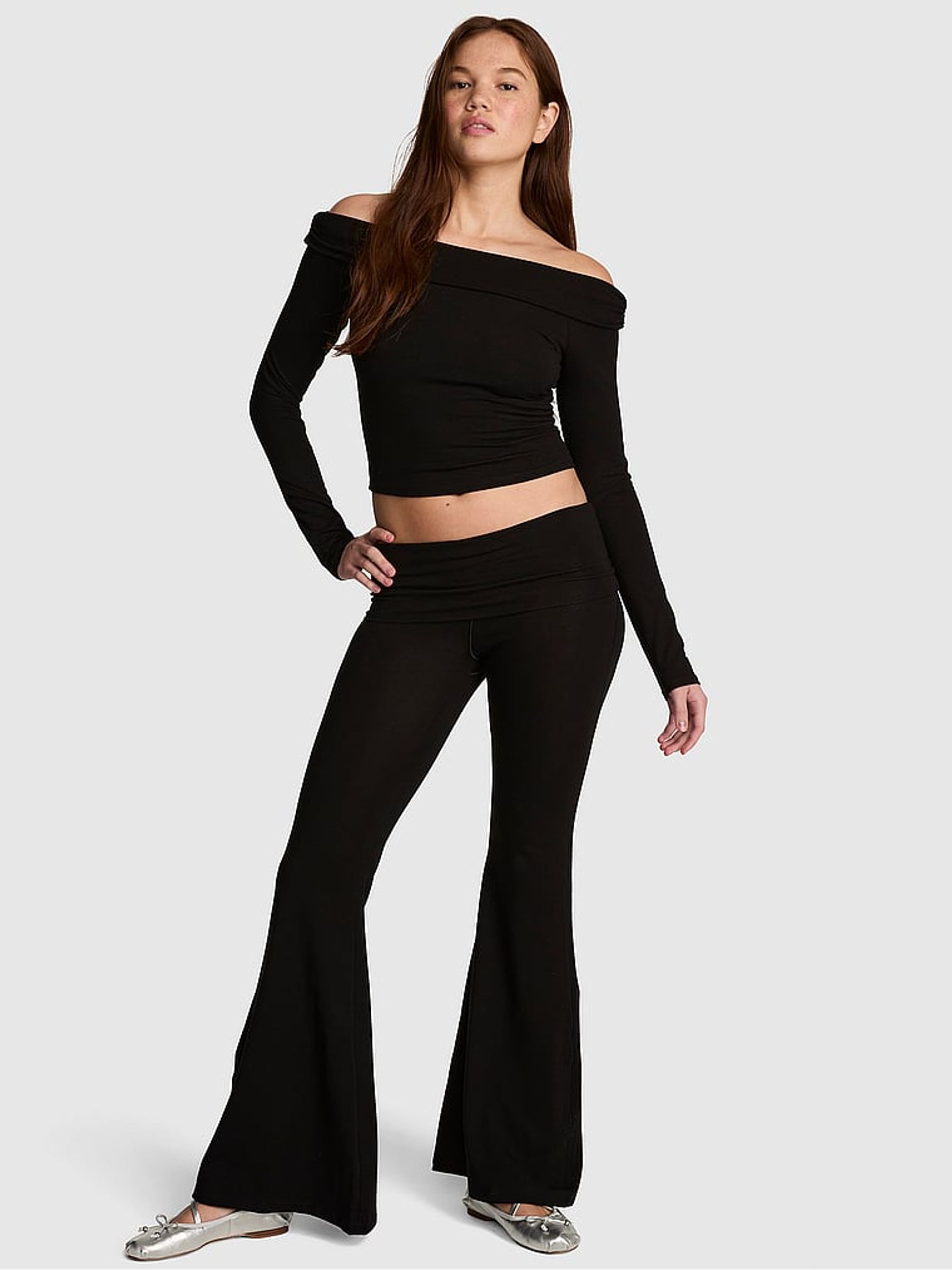 Black Diamante Cotton Foldover Super Flare Leggings - Image 1 of 2 Black Diamante Cotton Foldover Super Flare Leggings - Image 1 of 2