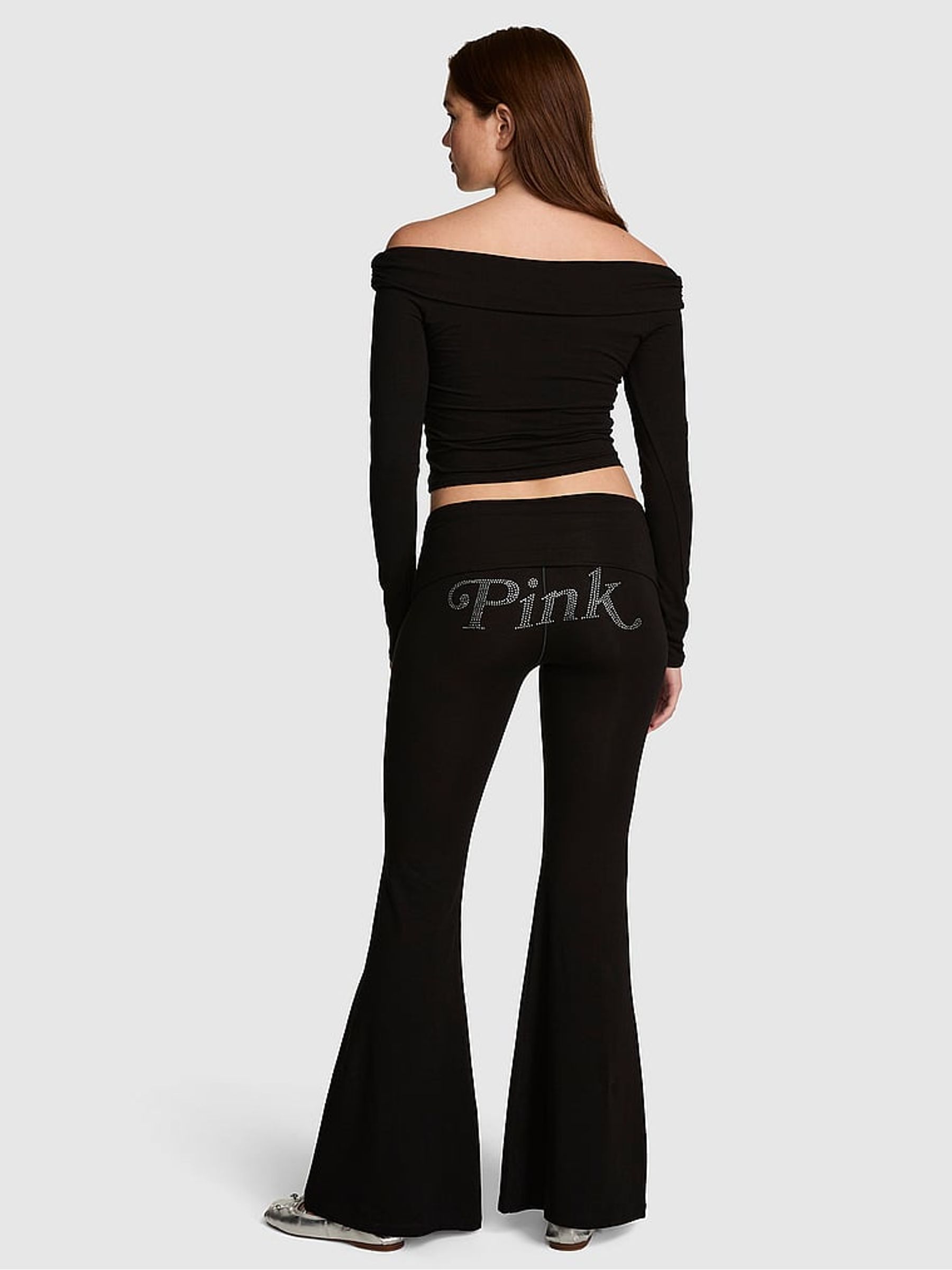 Black Diamante Cotton Foldover Super Flare Leggings - Image 2 of 2
