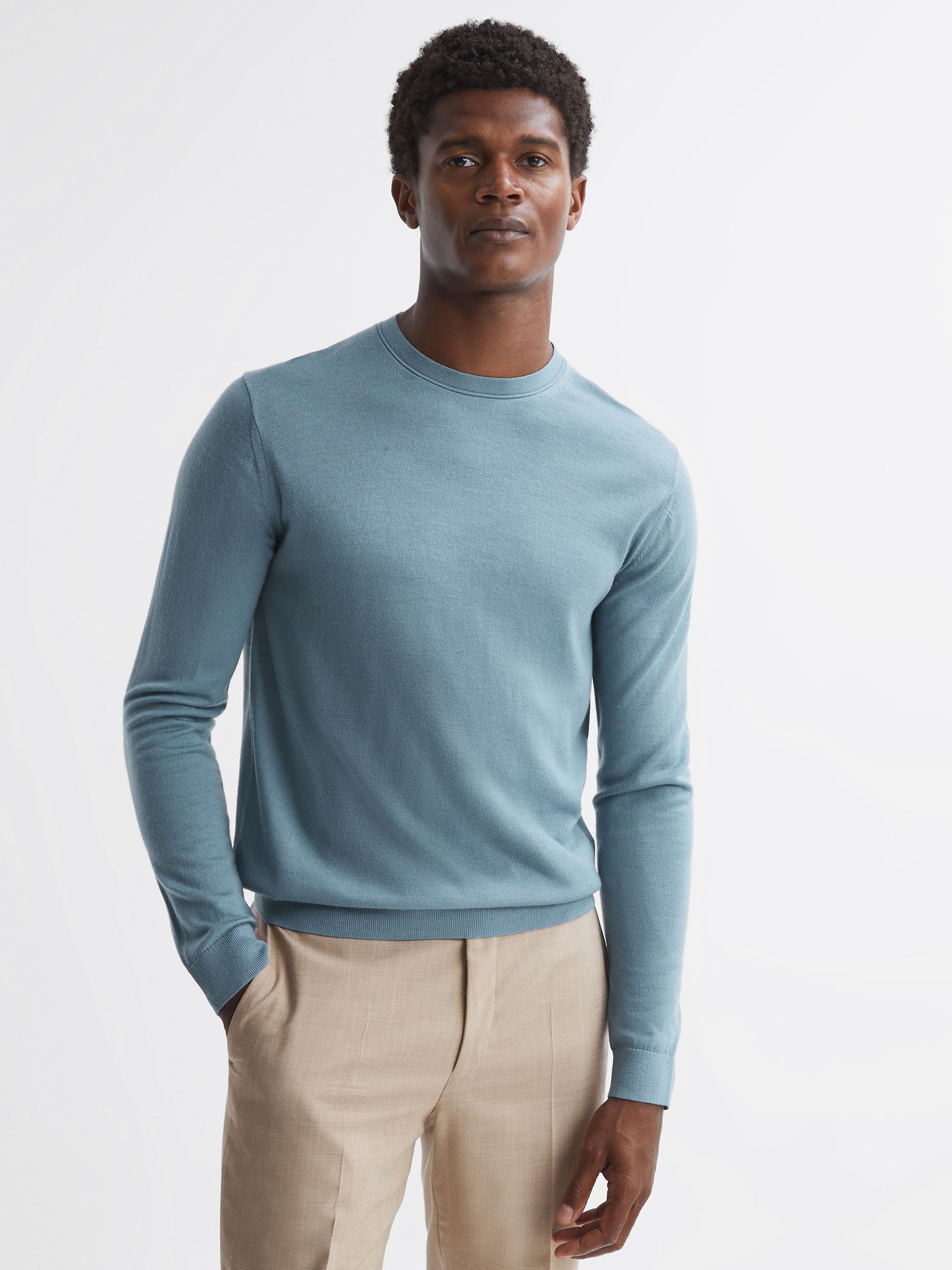 Merino Wool Crew Neck Jumper in Stone Blue - Image 3 of 5