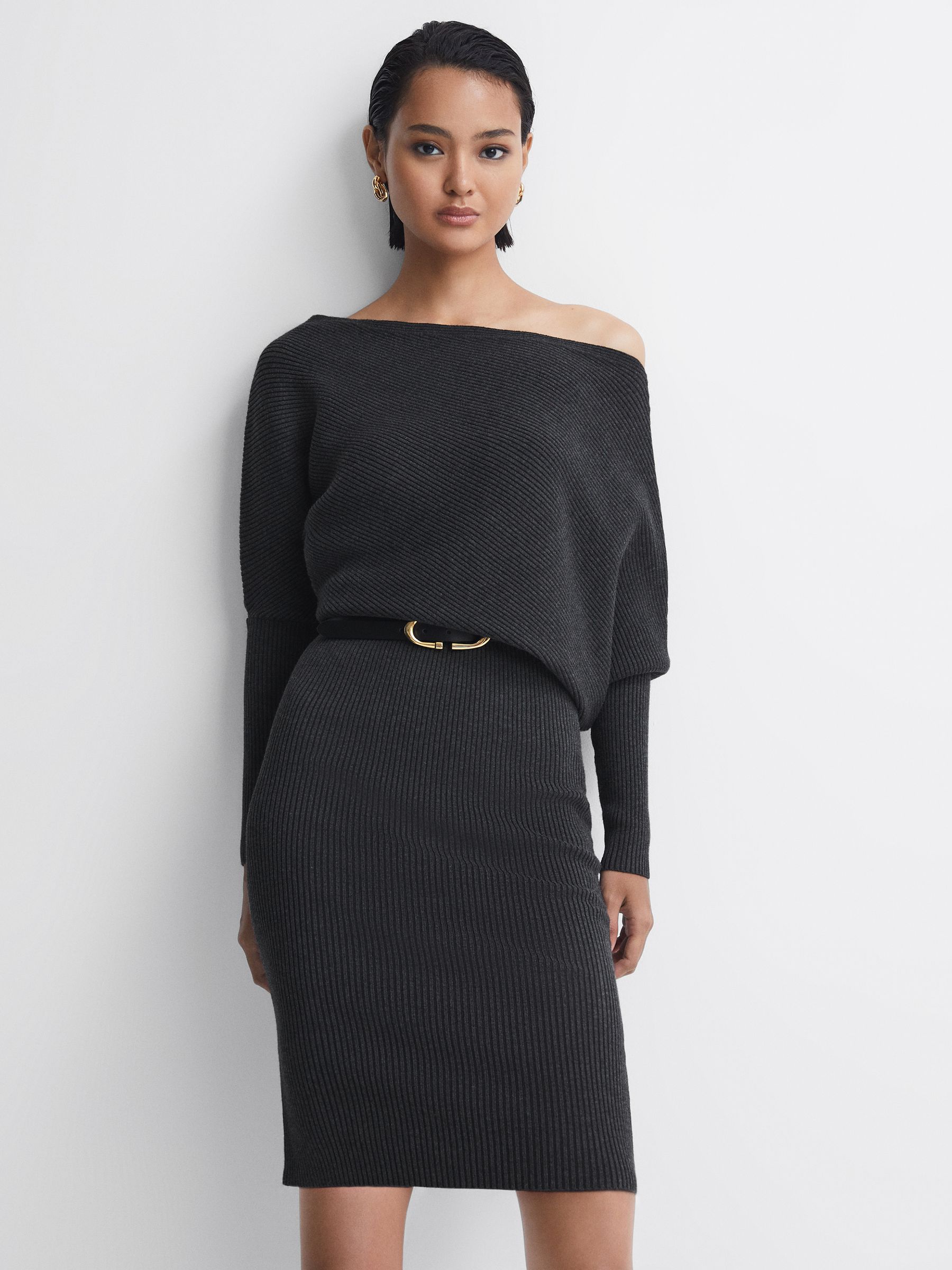 Off-The-Shoulder Ribbed Midi Dress in Charcoal - Image 1 of 4