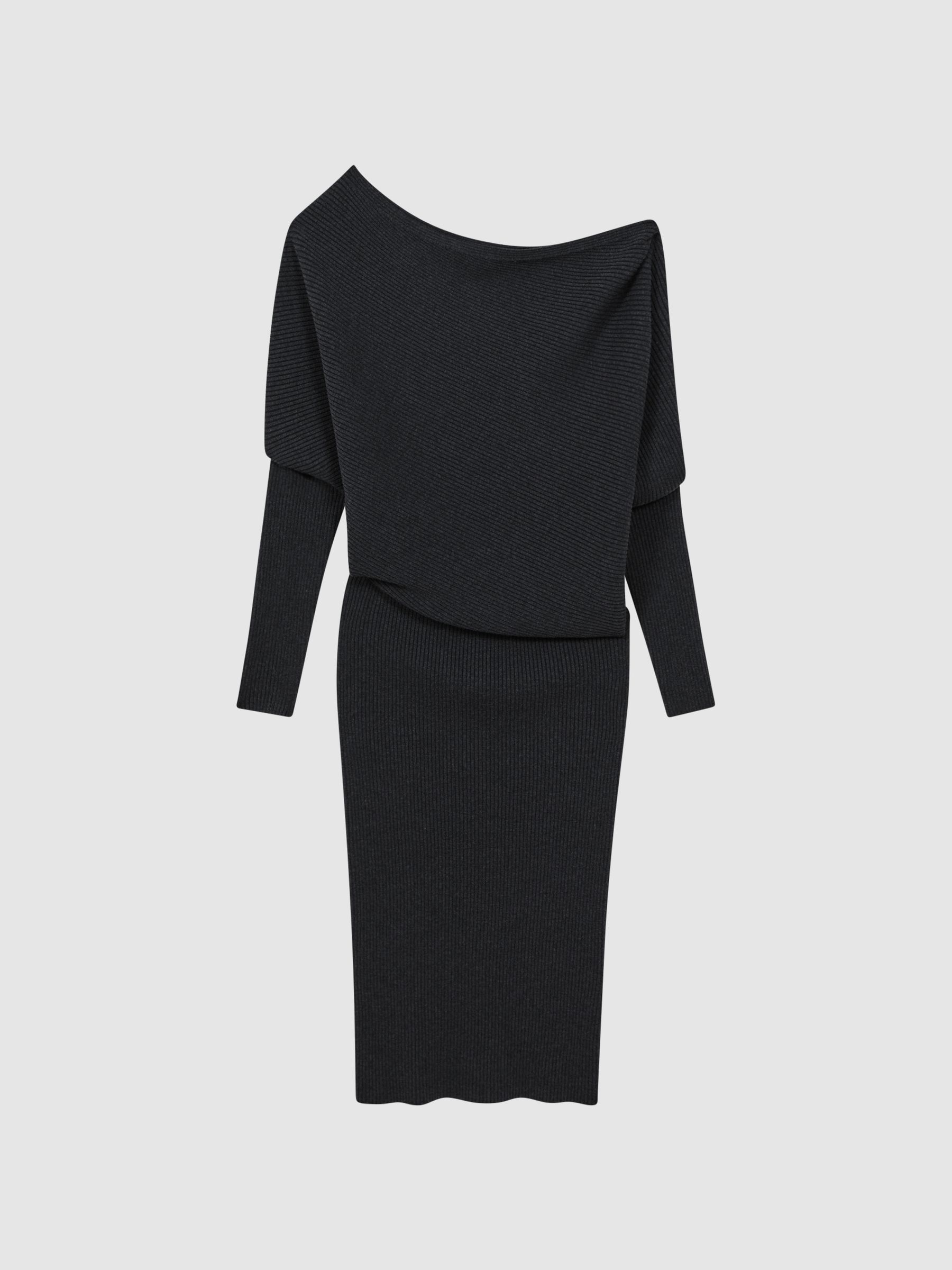 Off-The-Shoulder Ribbed Midi Dress in Charcoal - Image 2 of 4