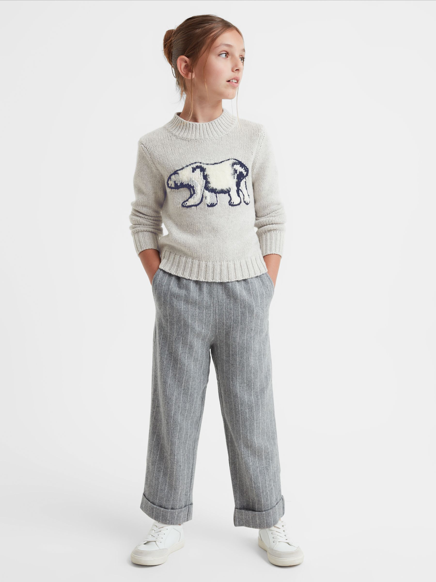 9-14 yrs Casual Knitted Polar Bear Jumper in Grey - Image 3 of 6