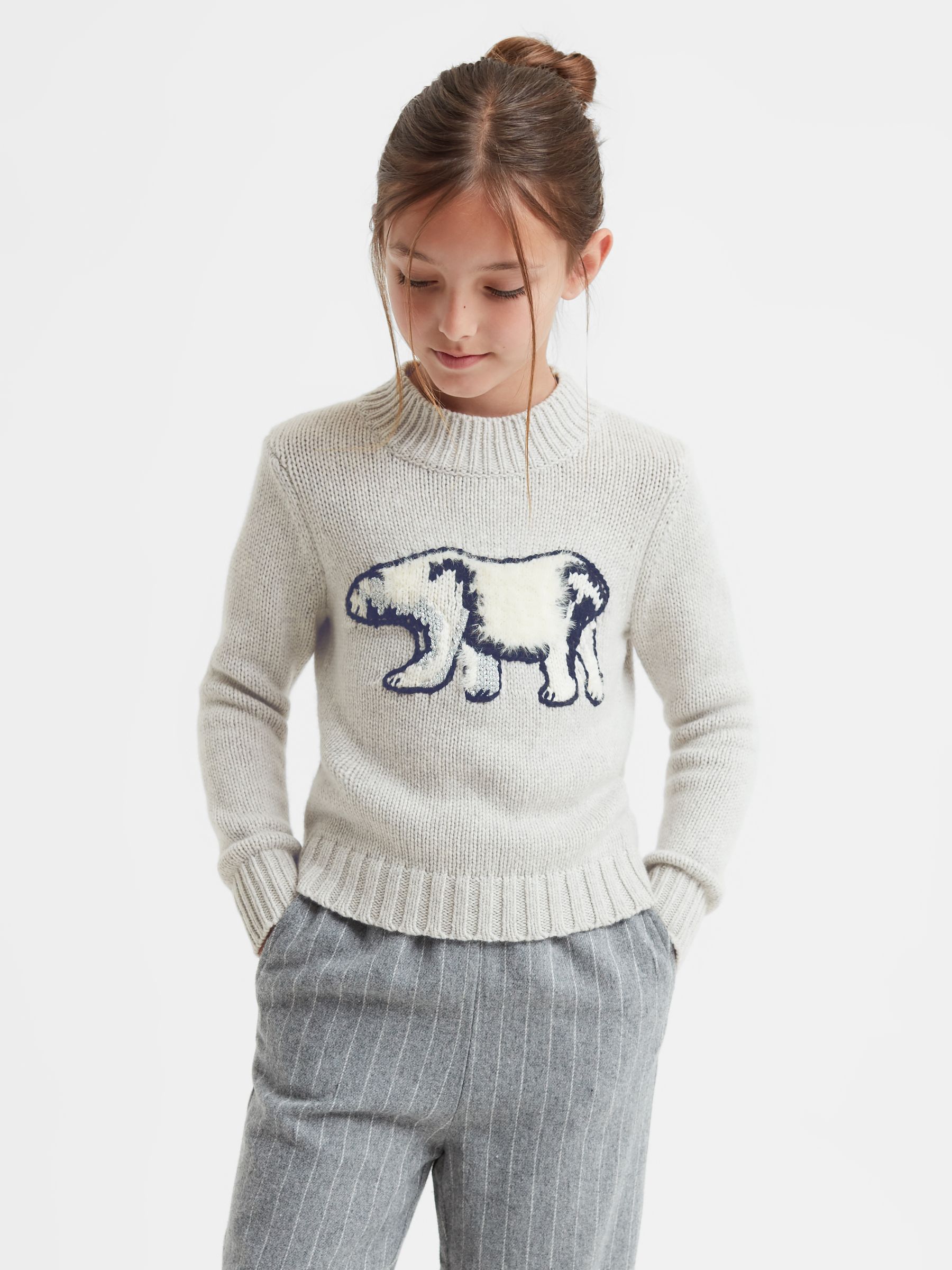 9-14 yrs Casual Knitted Polar Bear Jumper in Grey - Image 4 of 6