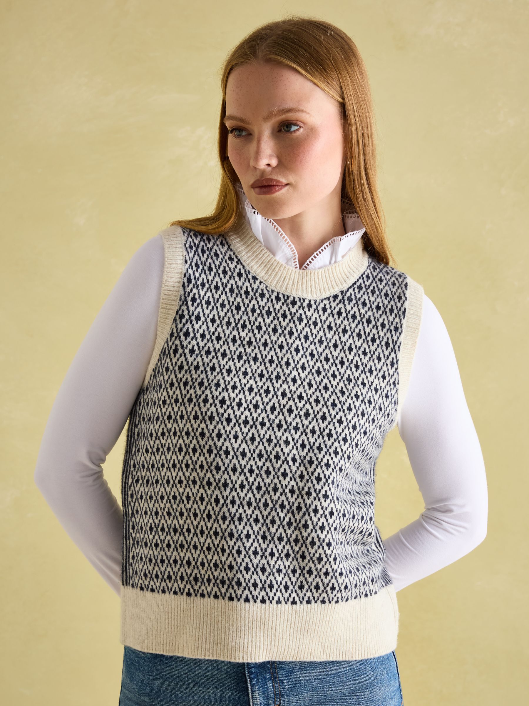 Ingrid Cream/Navy Patterned Knitted Vest - Image 1 of 6