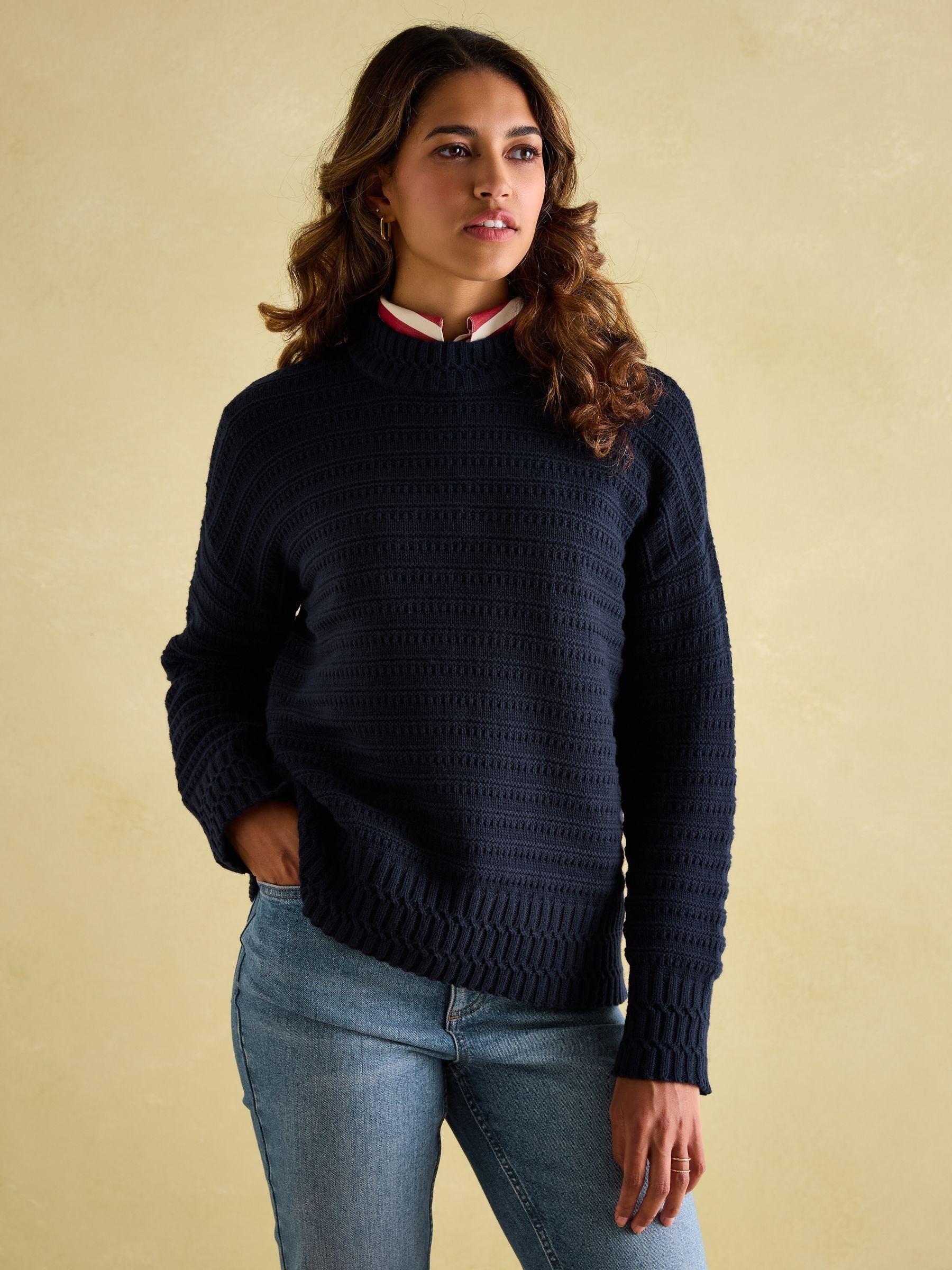 Bernie Navy Blue Crew Neck Textured Jumper Contains Merino Wool - Image 1 of 6