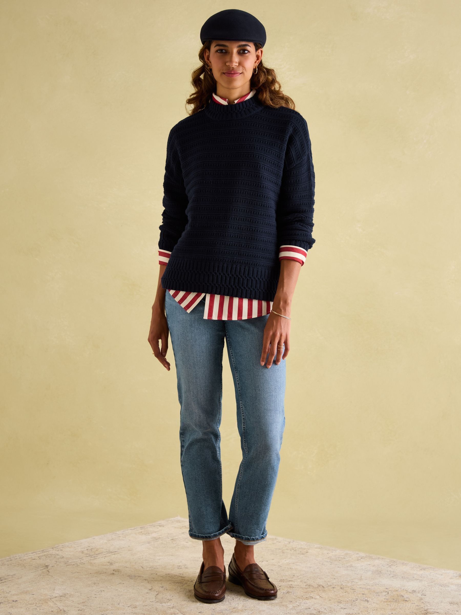 Bernie Navy Blue Crew Neck Textured Jumper Contains Merino Wool - Image 3 of 6