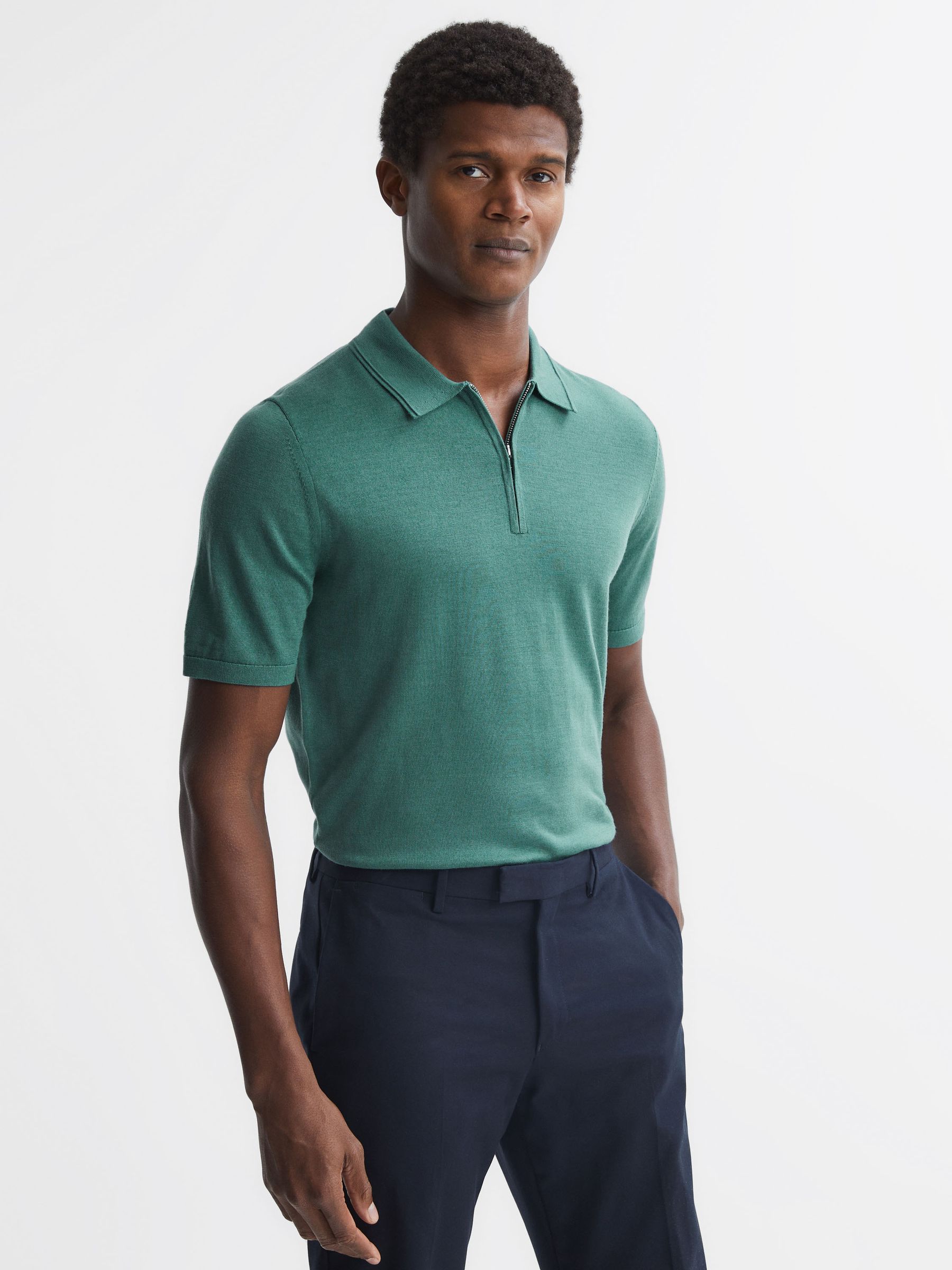Merino Wool Half-Zip Polo Shirt in Pine Green - Image 1 of 5