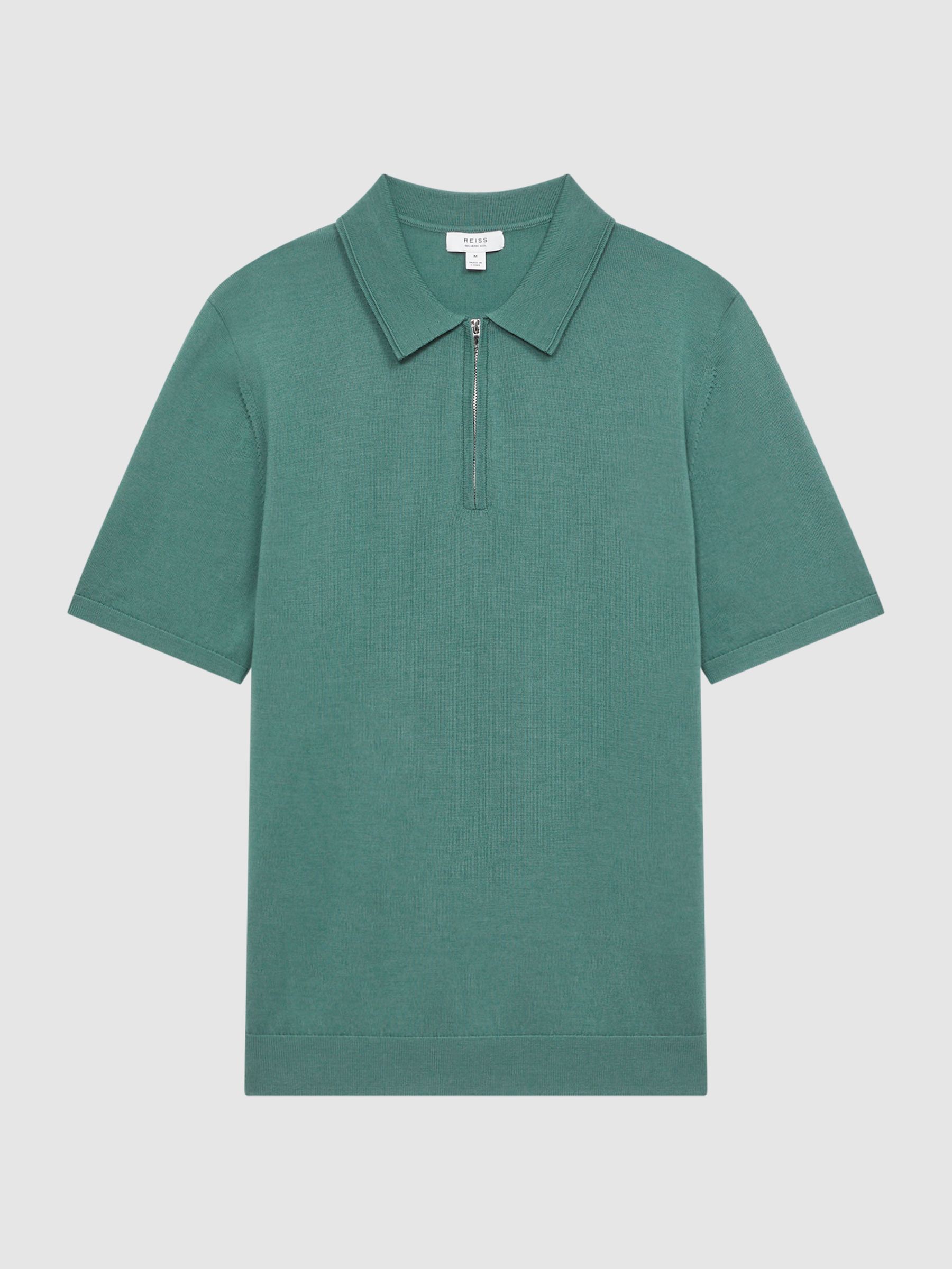 Merino Wool Half-Zip Polo Shirt in Pine Green - Image 2 of 5