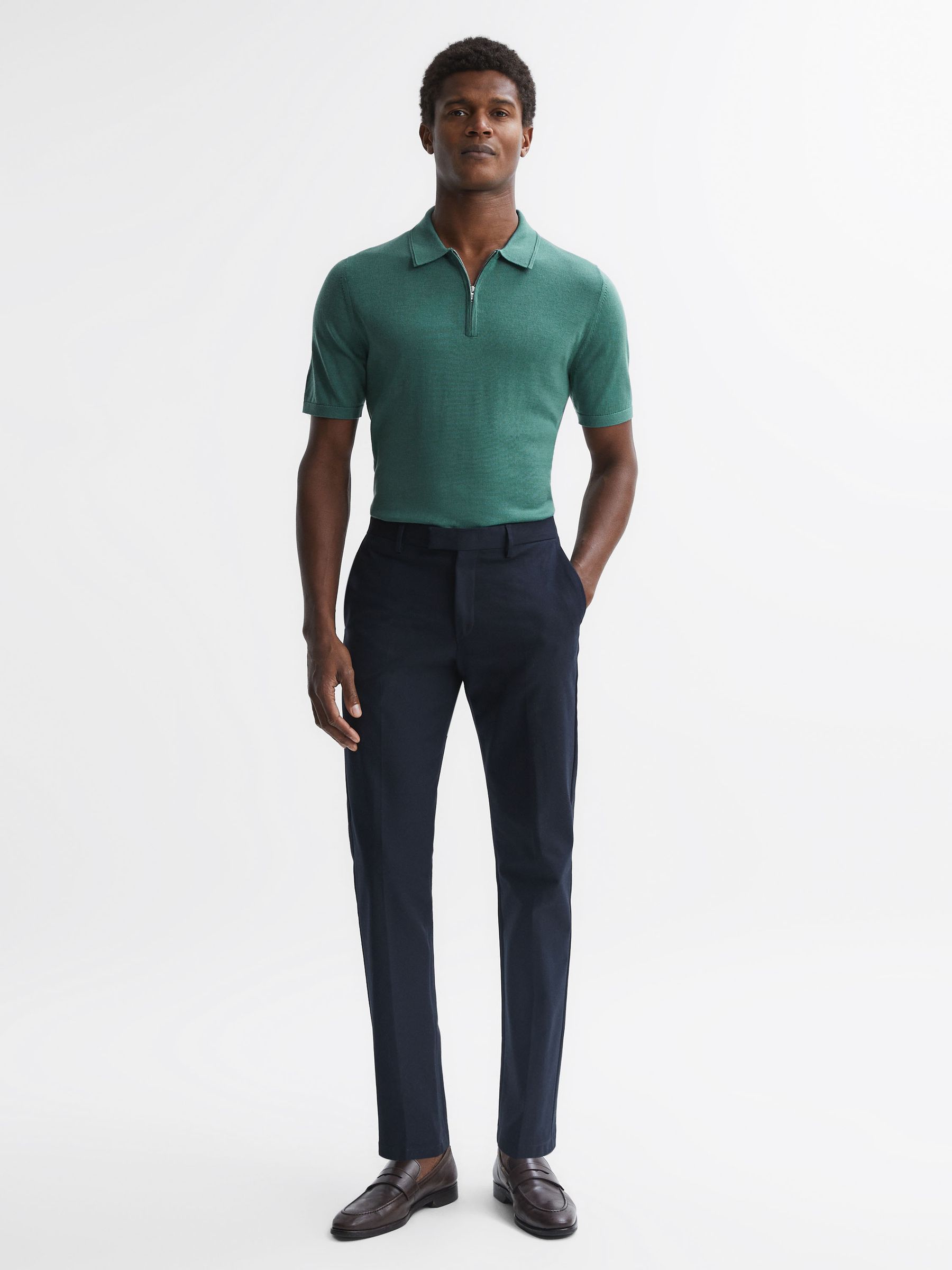 Merino Wool Half-Zip Polo Shirt in Pine Green - Image 3 of 5