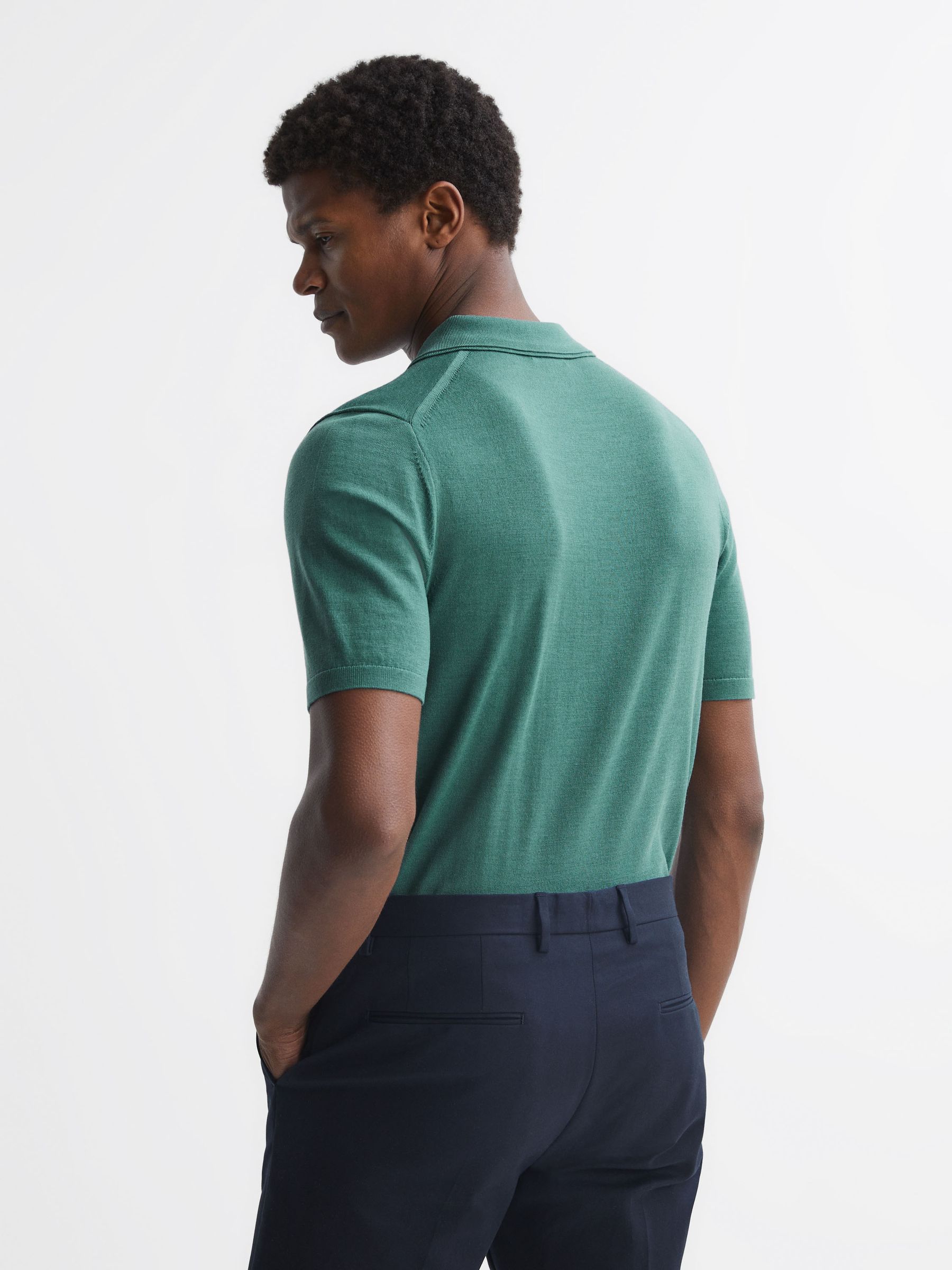 Merino Wool Half-Zip Polo Shirt in Pine Green - Image 5 of 5