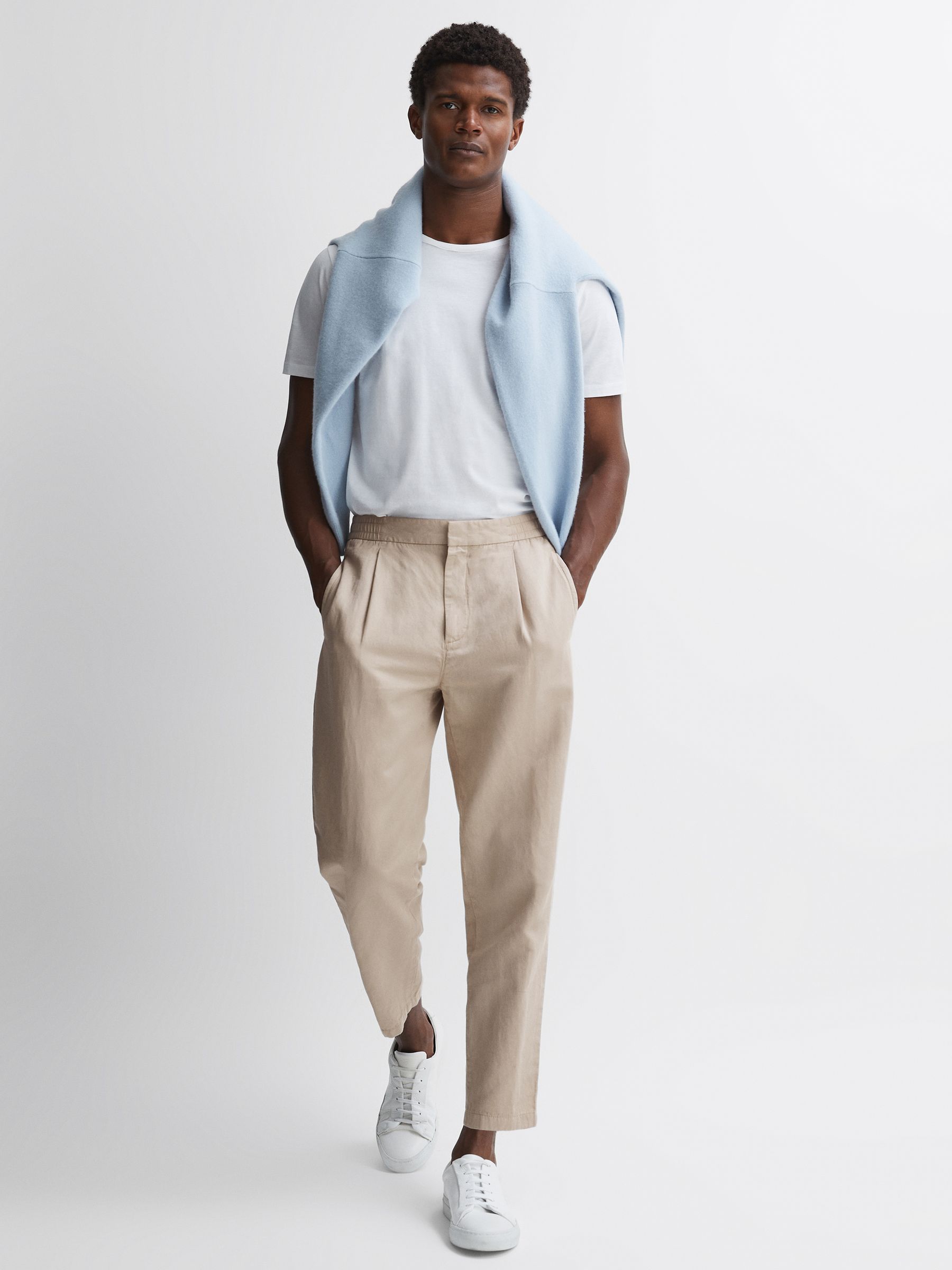 Slim Fit Cotton-Linen Trousers in Stone - Image 1 of 5