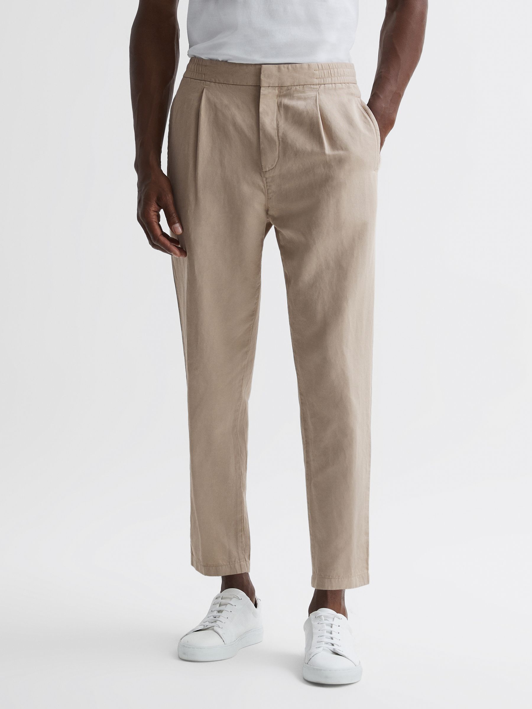 Slim Fit Cotton-Linen Trousers in Stone - Image 3 of 5