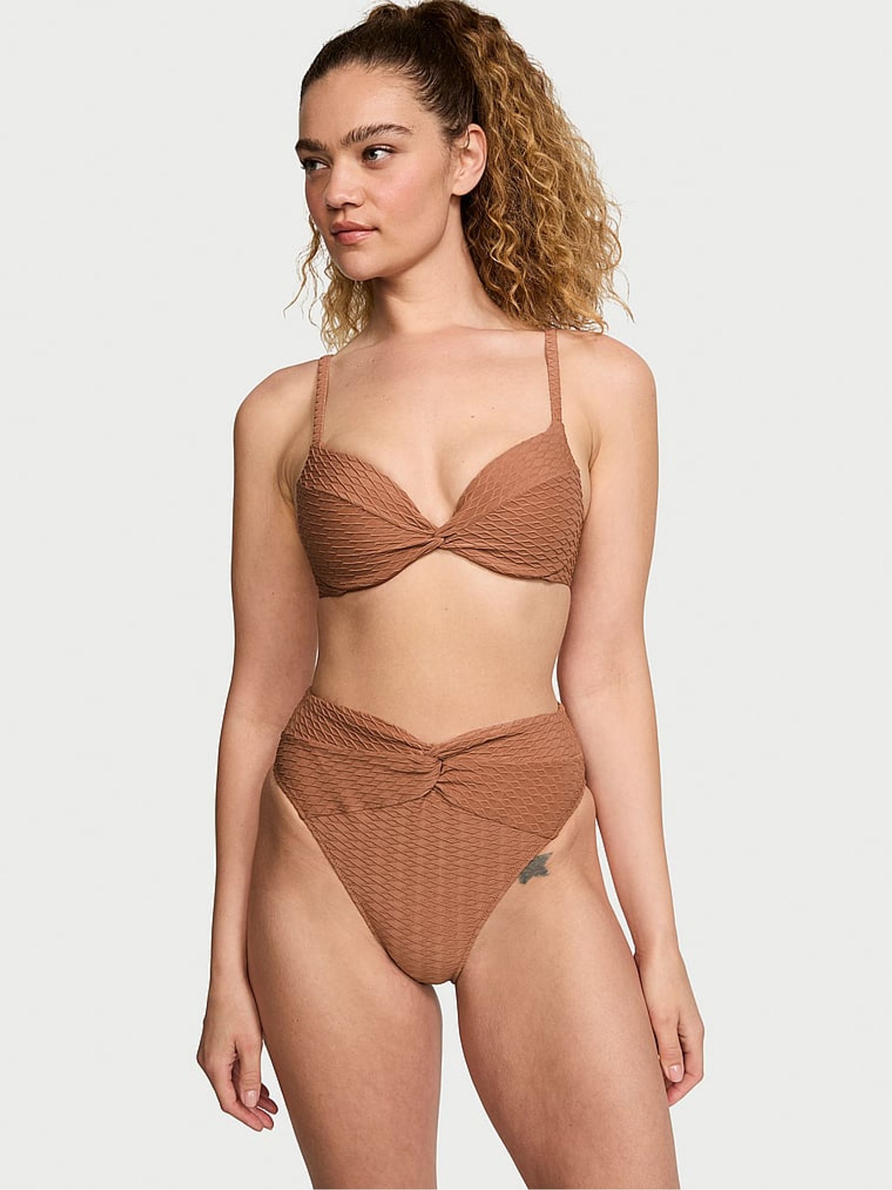 Caramel Brown Fishnet High Leg Swim Bikini Bottom - Image 1 of 3