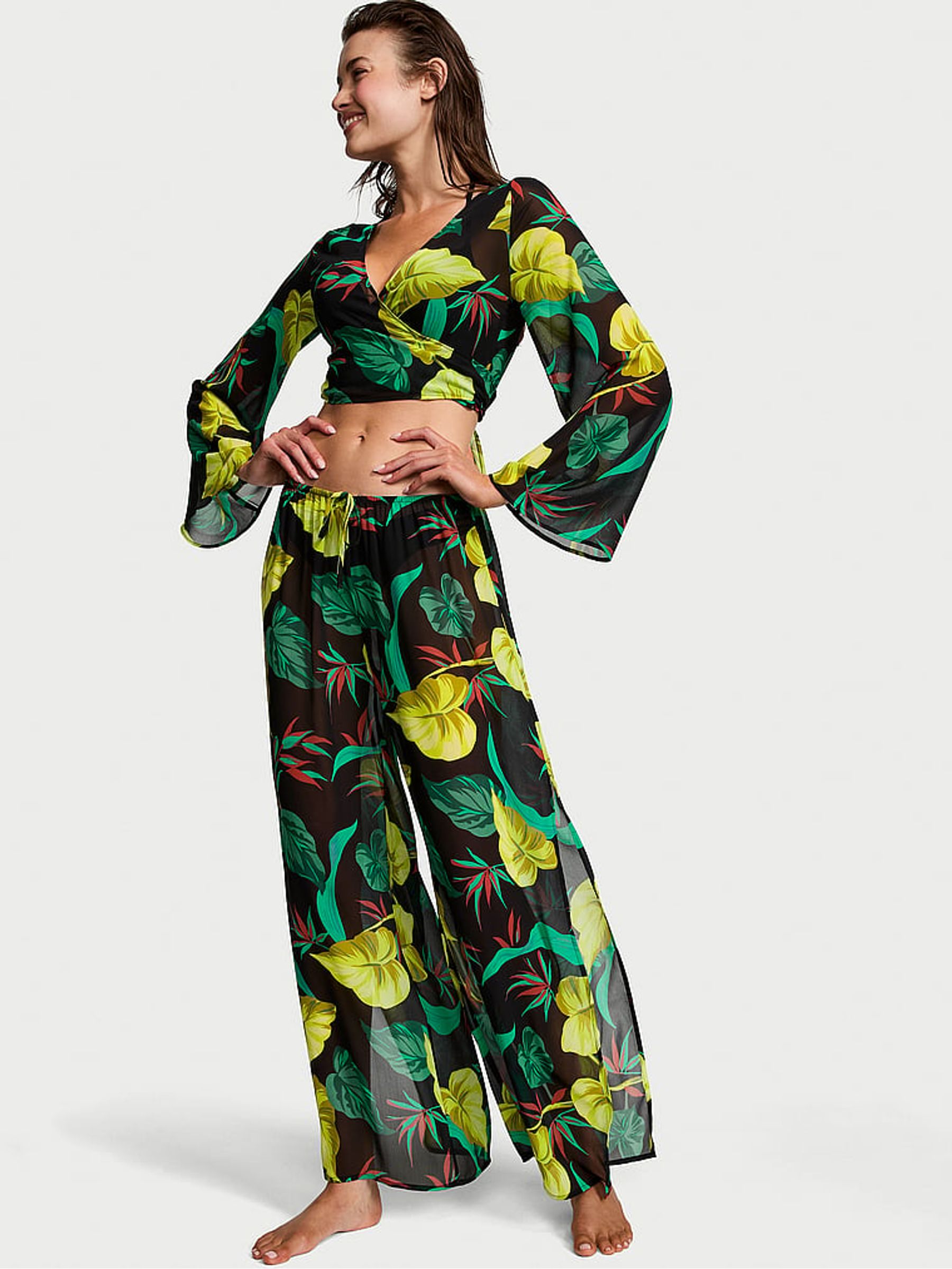 Vintage Leaves Black Sheer Crinkle Cover Up Trousers - Image 1 of 1