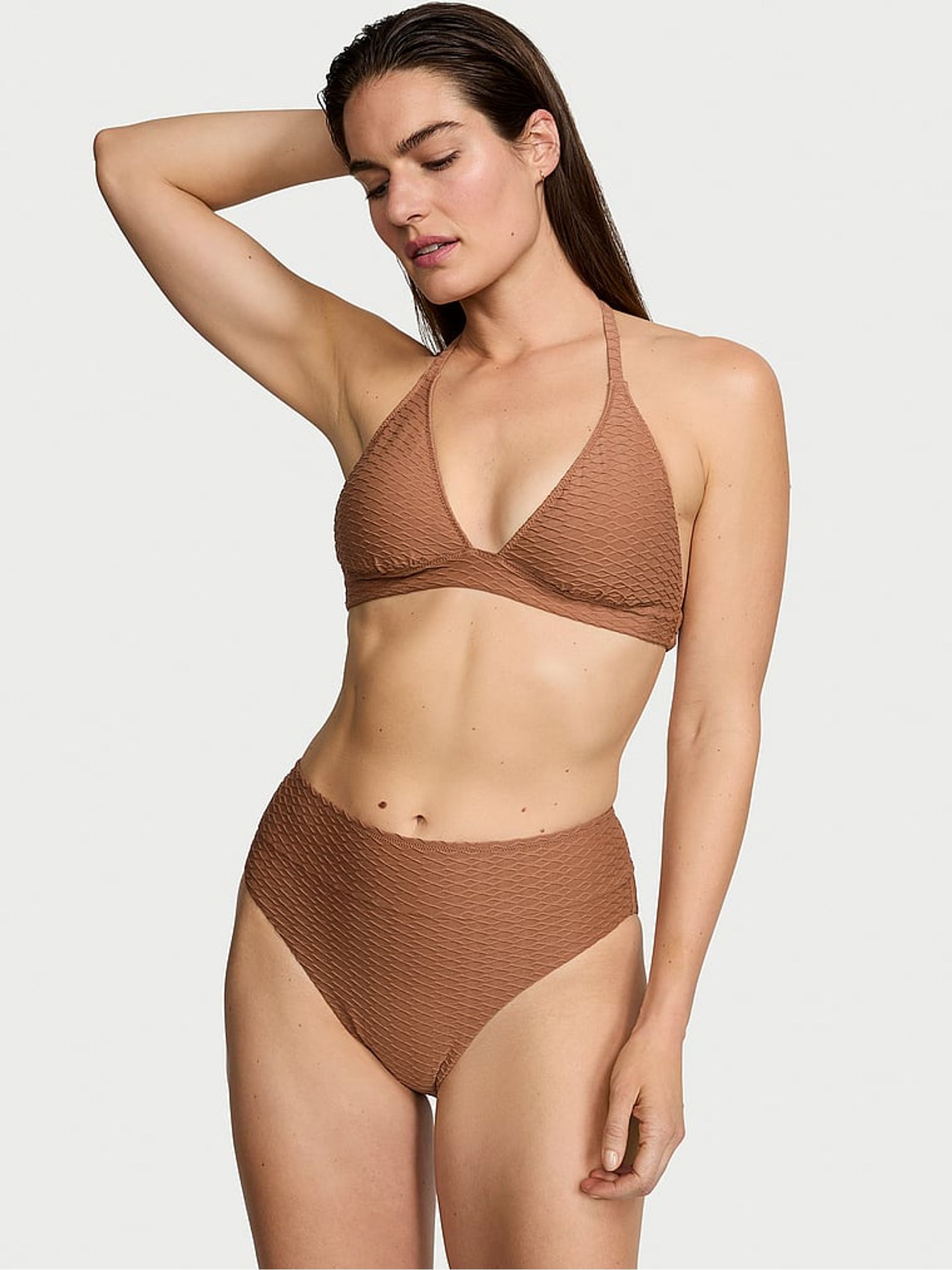 Caramel Brown Fishnet Halter Swim Bikini Top - Image 1 of 3