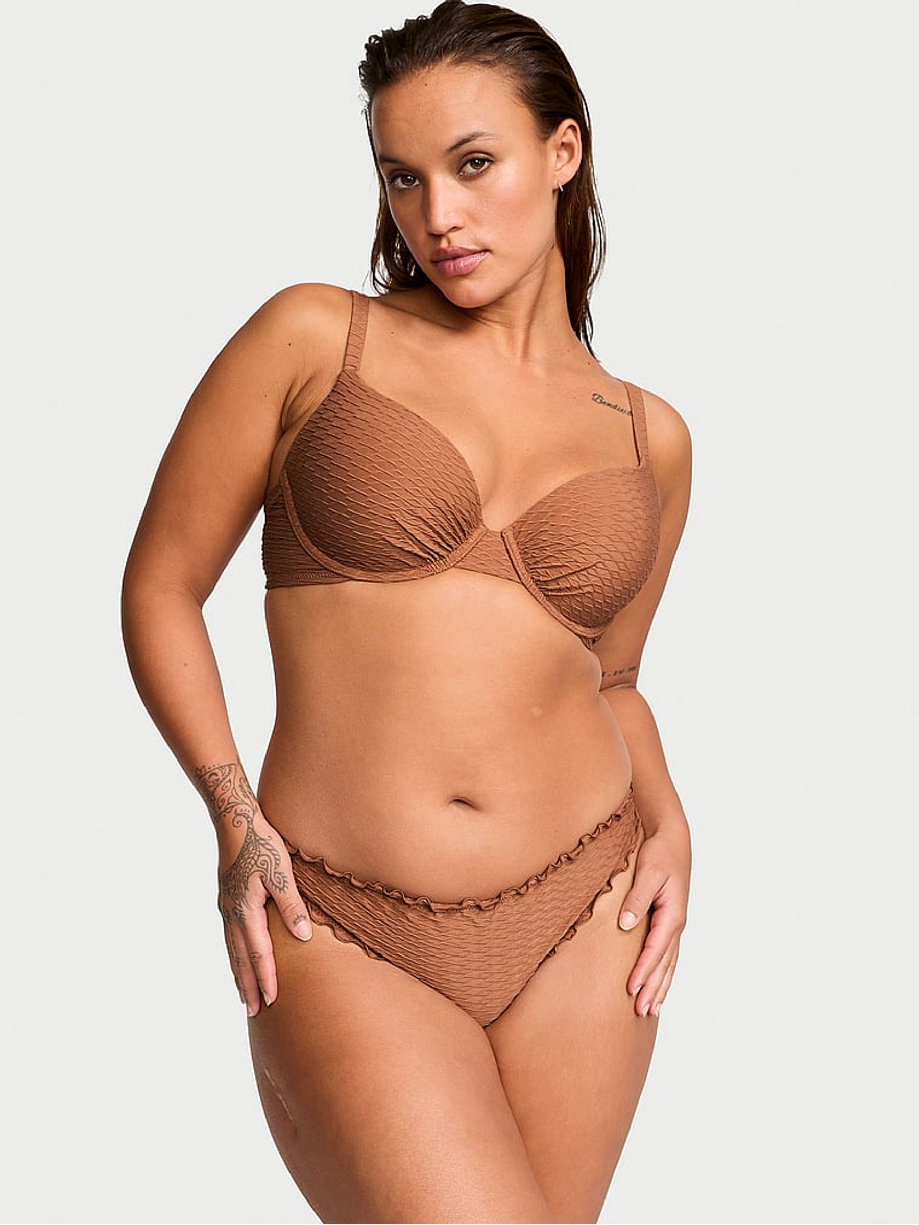 Caramel Brown Fishnet Padded Swim Bikini Top - Image 1 of 3