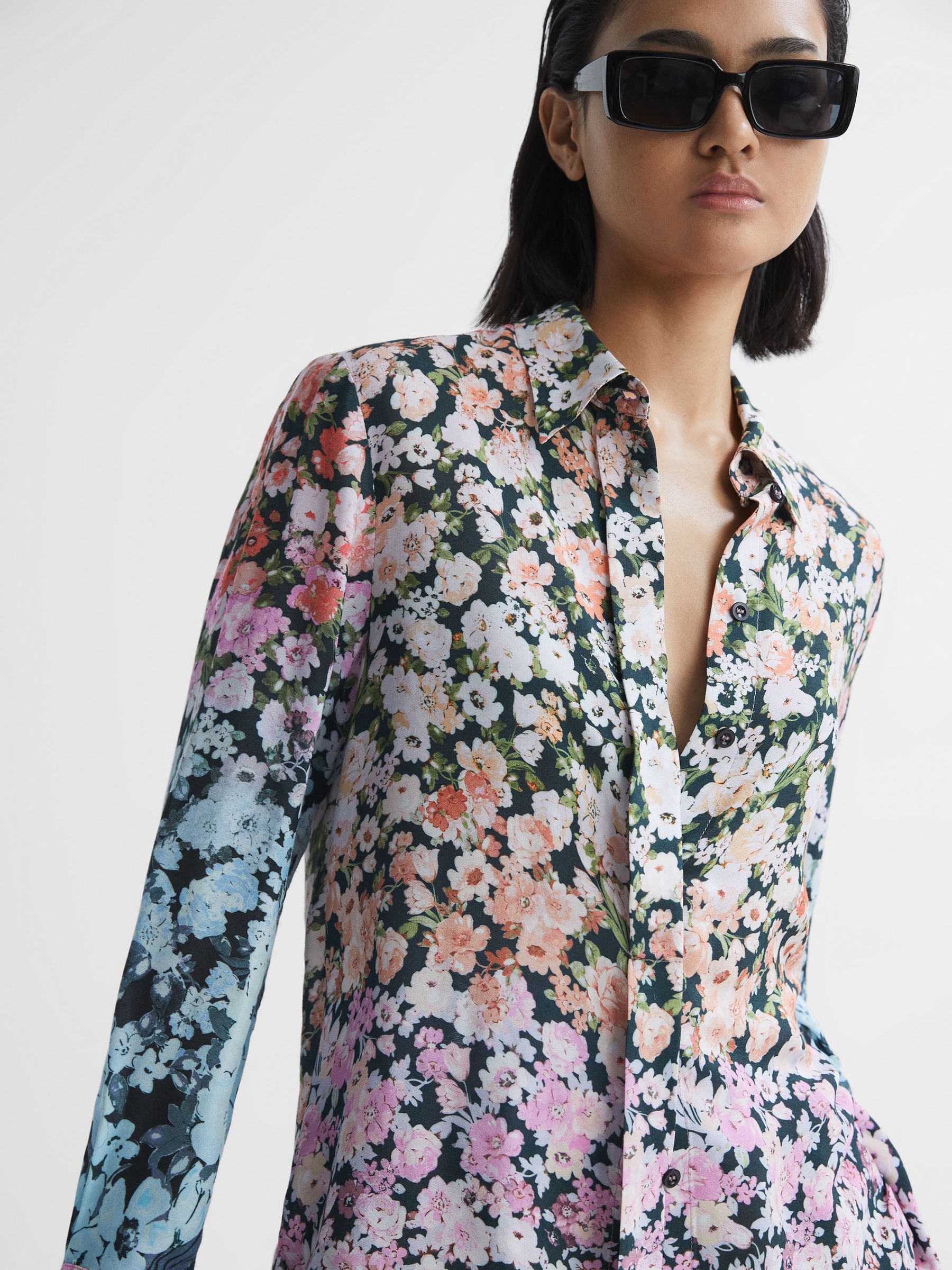 Floral Print Concealed Button Shirt in Multi - Image 1 of 5