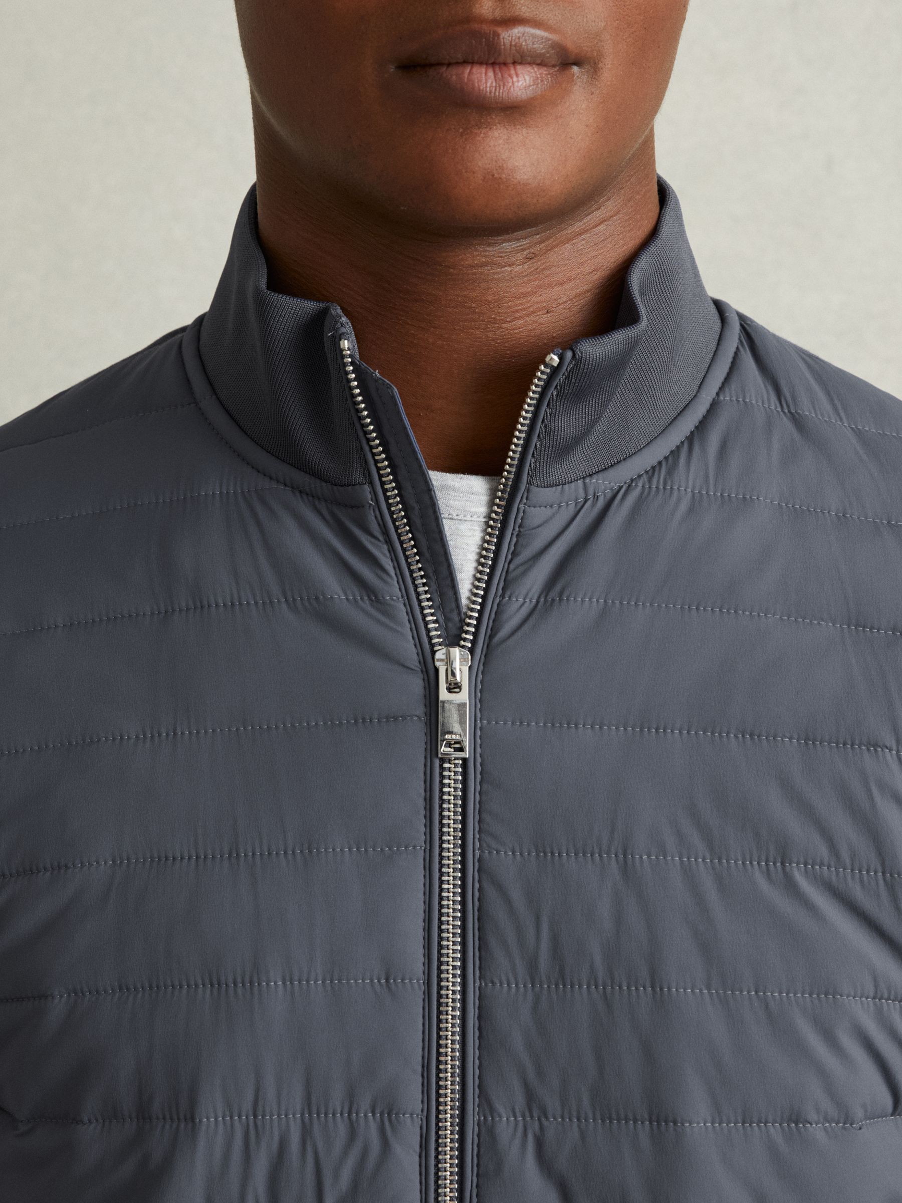 Hybrid Quilt and Knit Zip-Through Jacket in Airforce Blue - Image 3 of 5