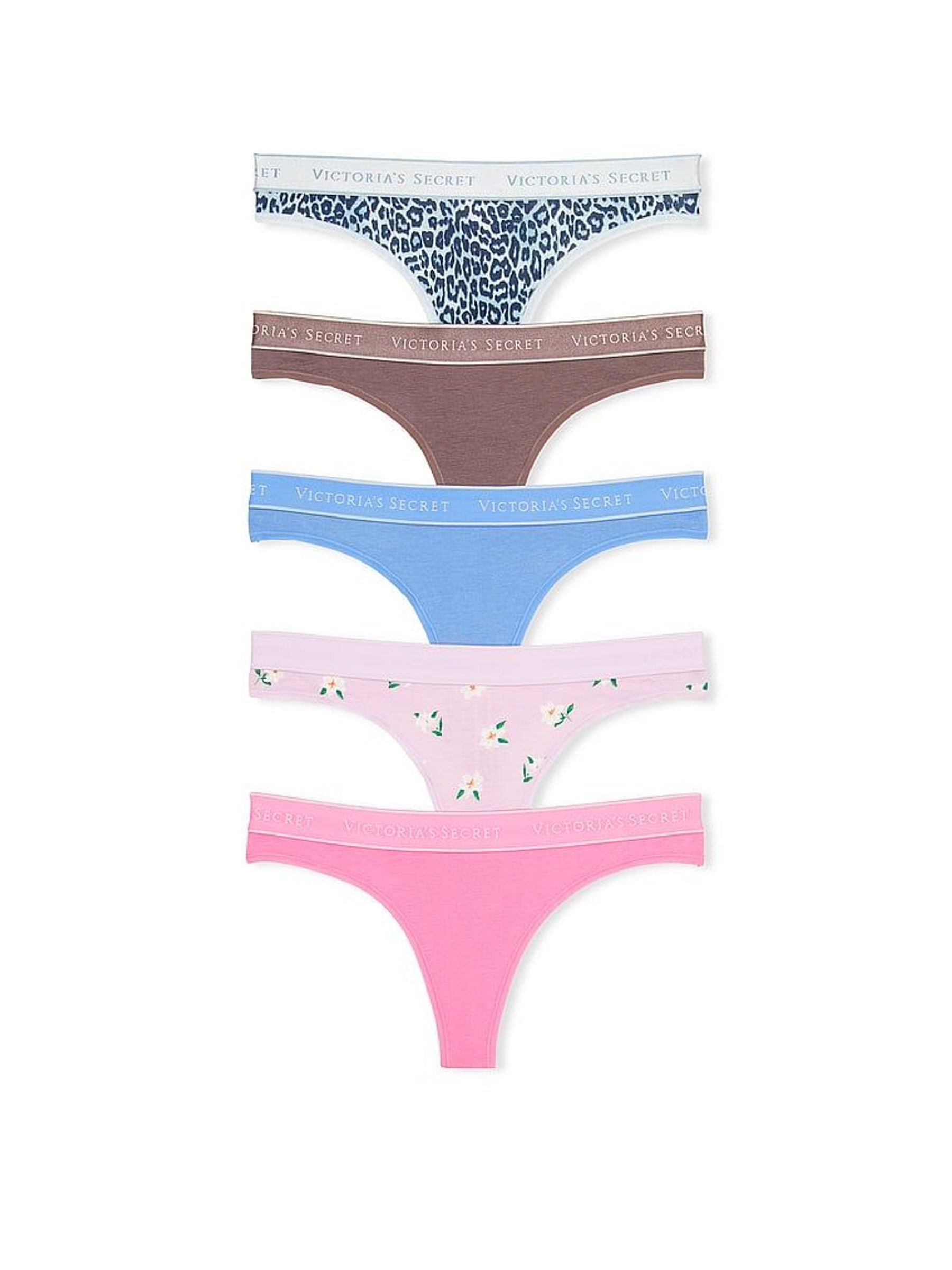Leopard/Blue/Purple/Pink Thong Logo 5 Pack Knickers - Image 1 of 4