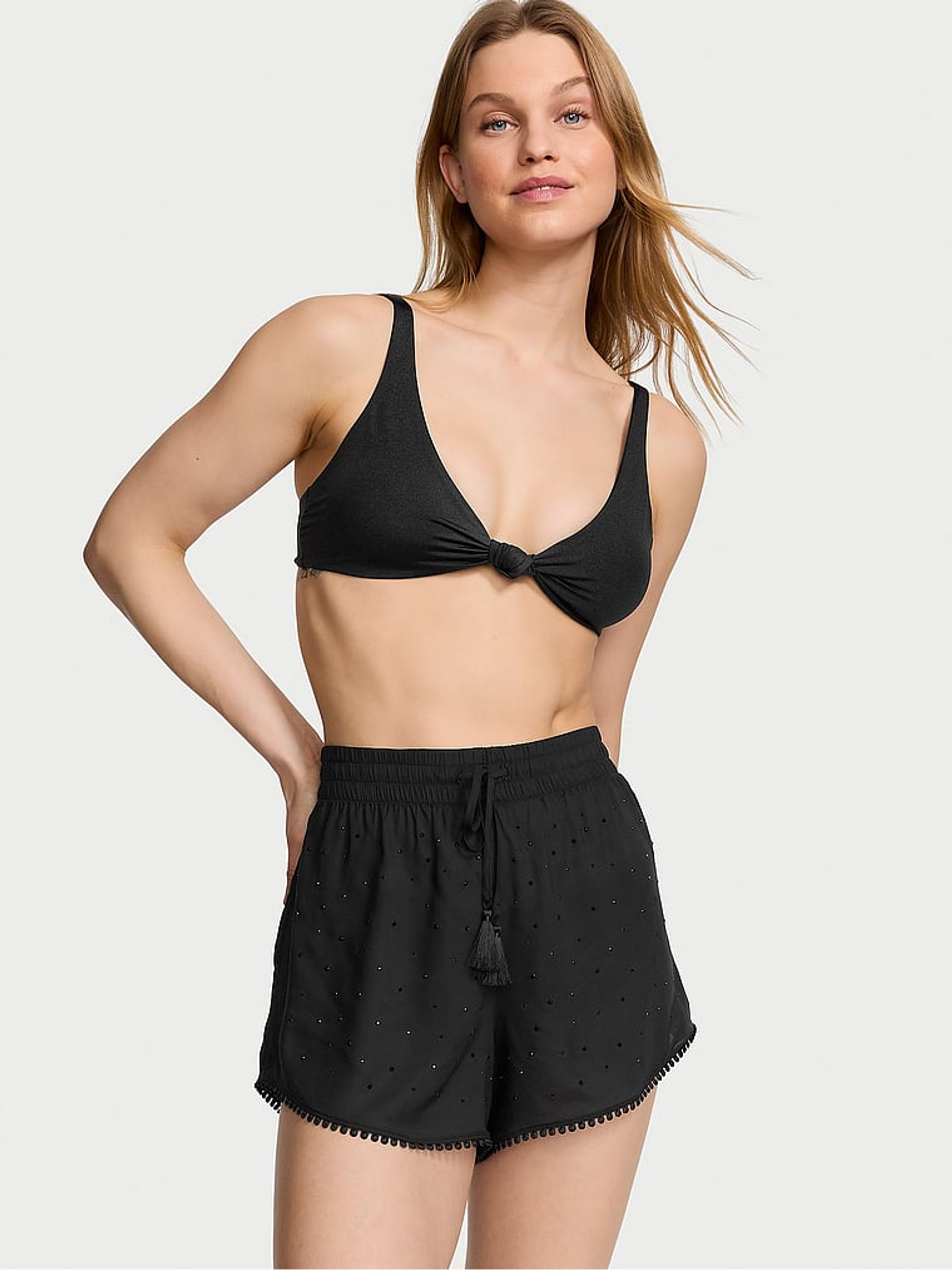 Black Diamante Linen Cover Up Shorts - Image 1 of 3