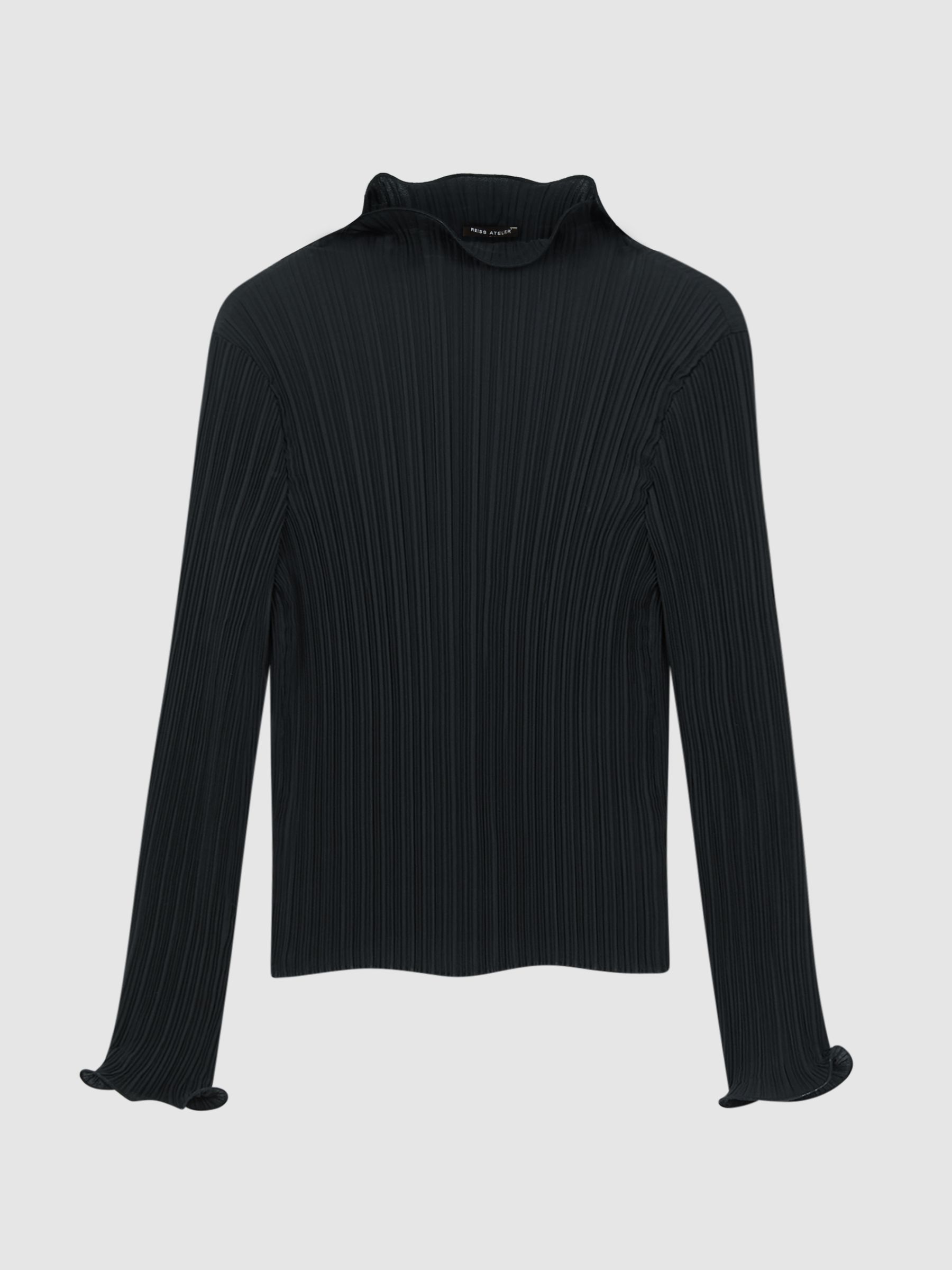 Fitted Ribbed Ruffle Neck Top in Black - Image 2 of 5