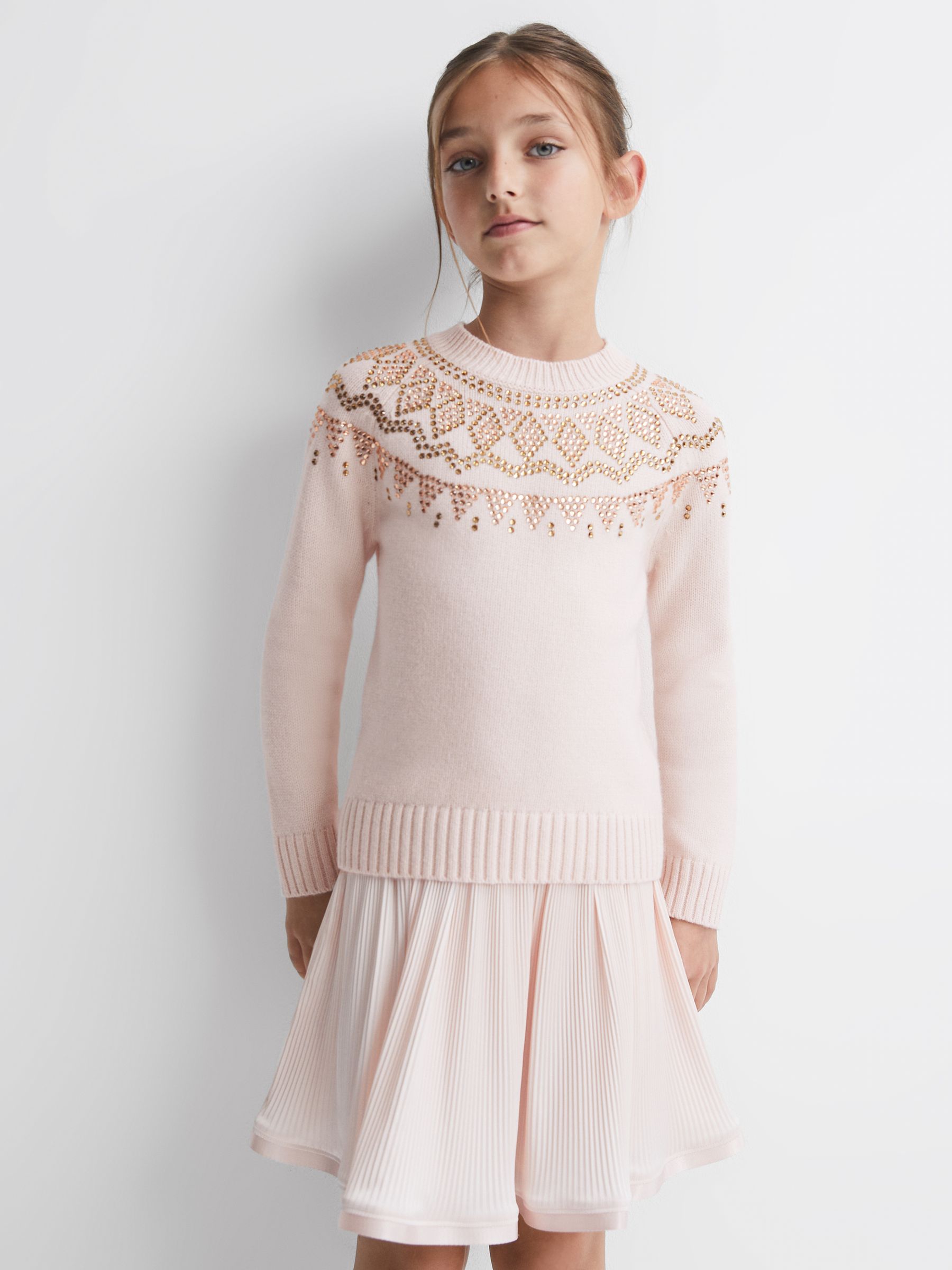 9-14 yrs Wool Blend Embellished Crew Neck Jumper in Soft Pink - Image 3 of 6