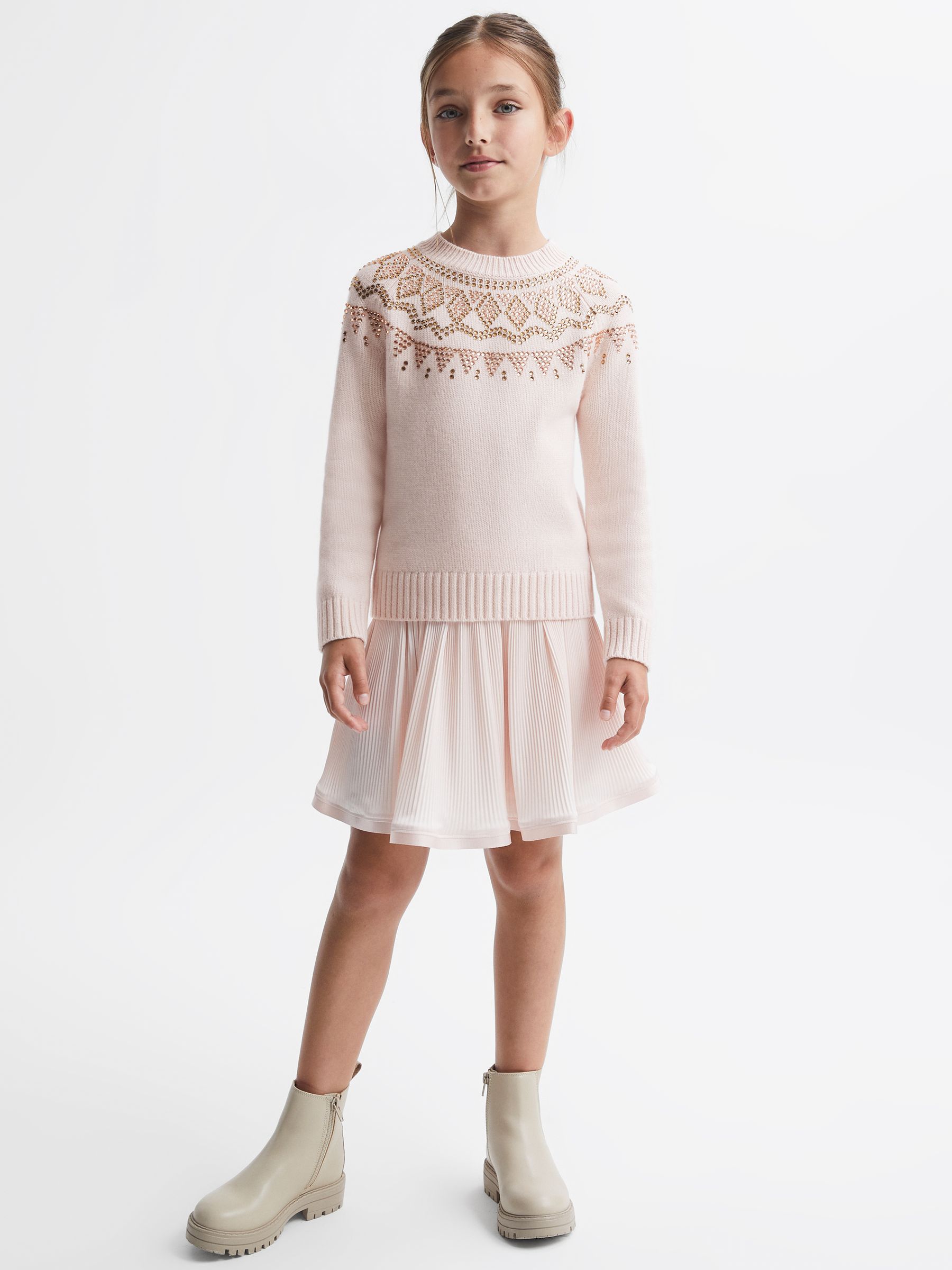 9-14 yrs Wool Blend Embellished Crew Neck Jumper in Soft Pink - Image 4 of 6