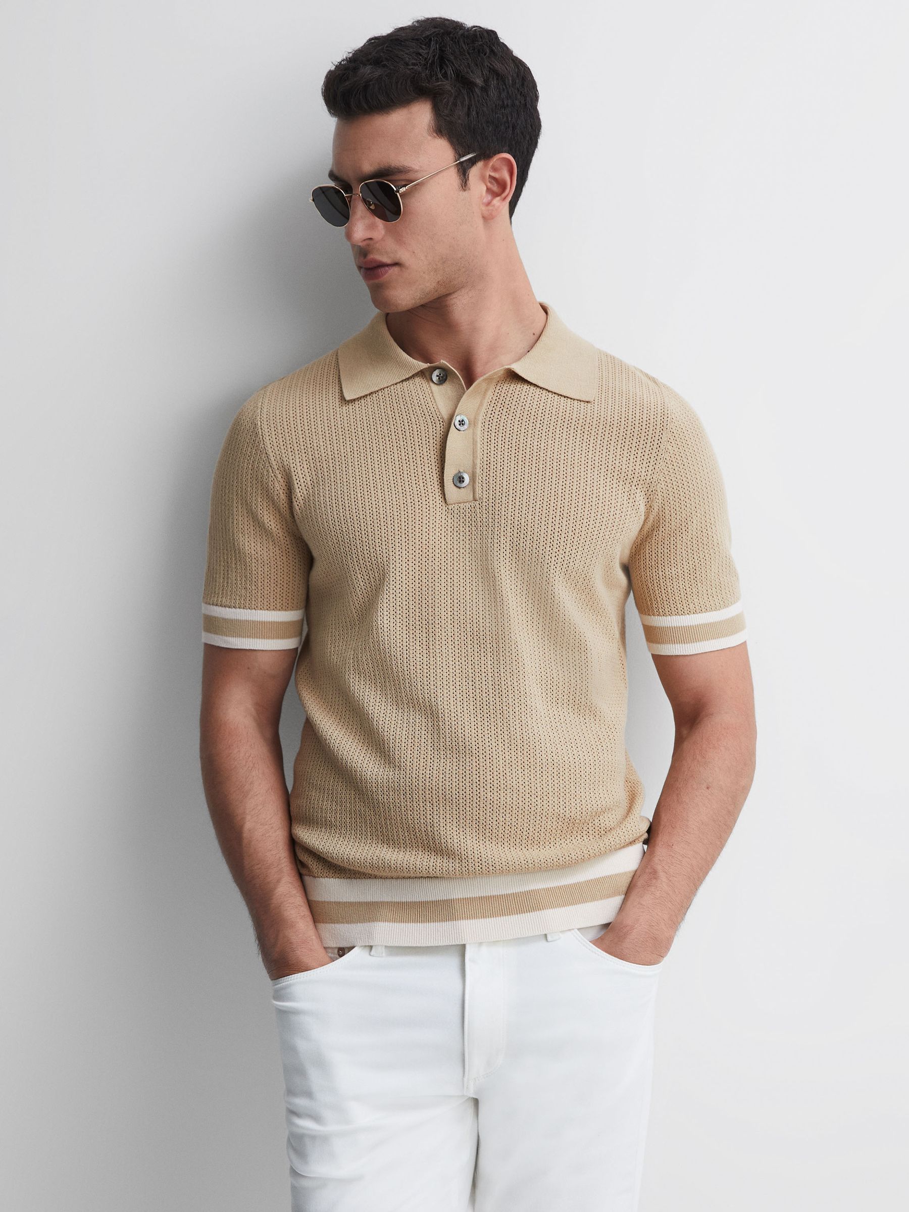 Reiss | Ché Knitted Half-Button Polo Shirt in Mink/Tobacco - Image 1 of 5