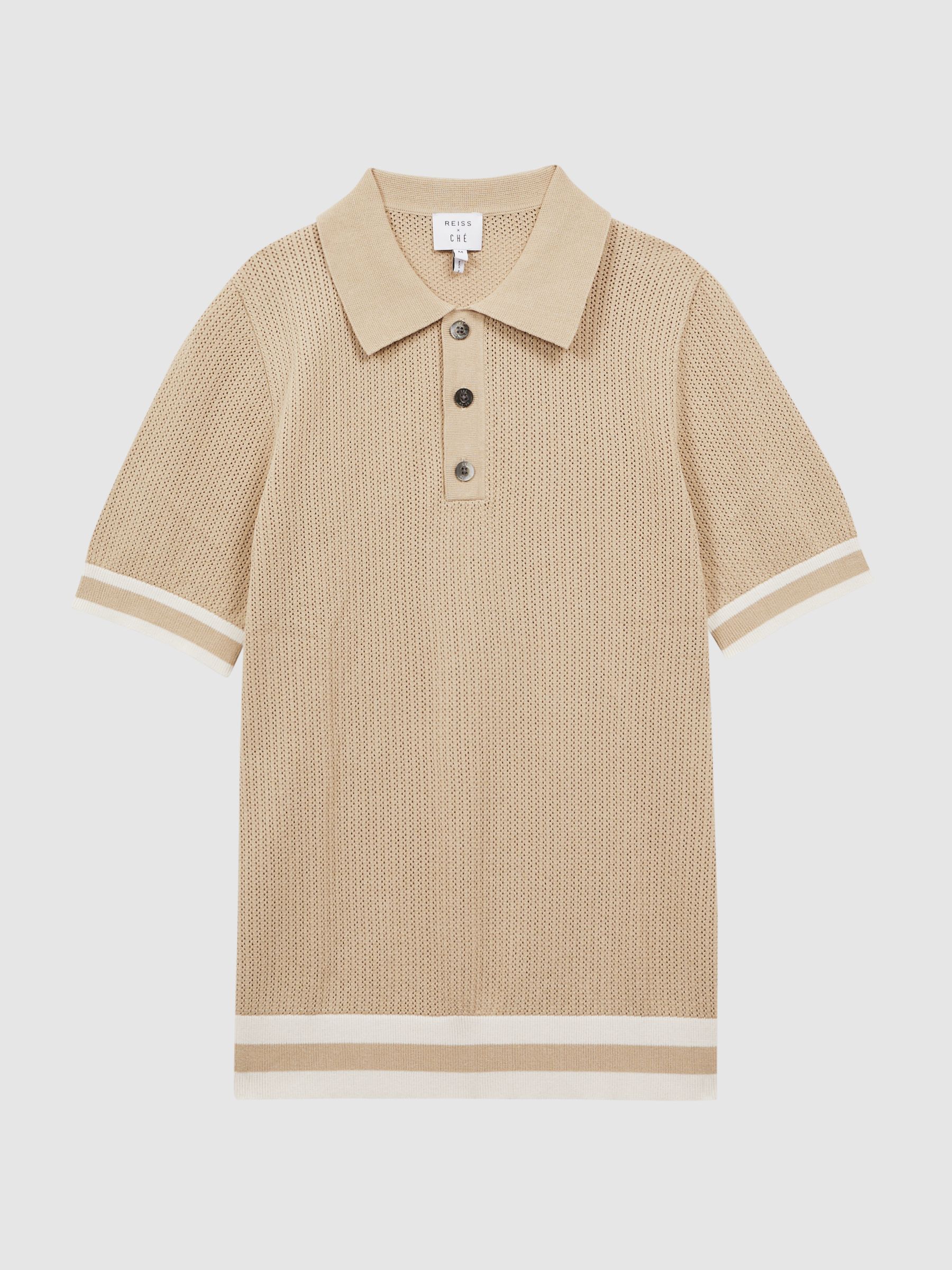 Reiss | Ché Knitted Half-Button Polo Shirt in Mink/Tobacco - Image 2 of 5