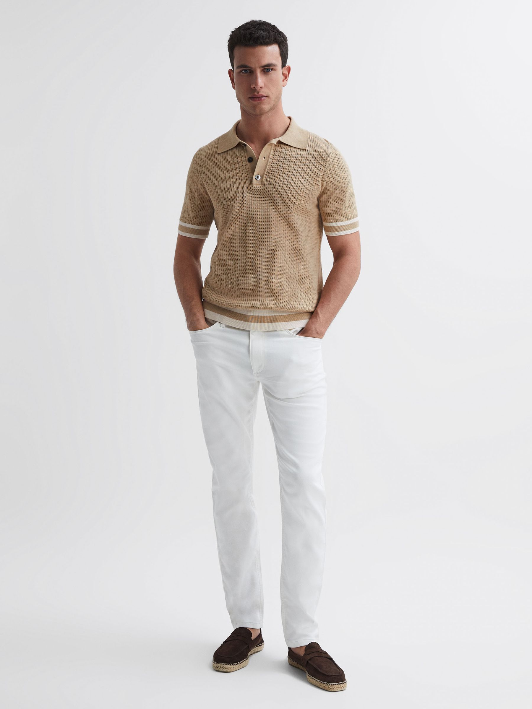 Reiss | Ché Knitted Half-Button Polo Shirt in Mink/Tobacco - Image 3 of 5