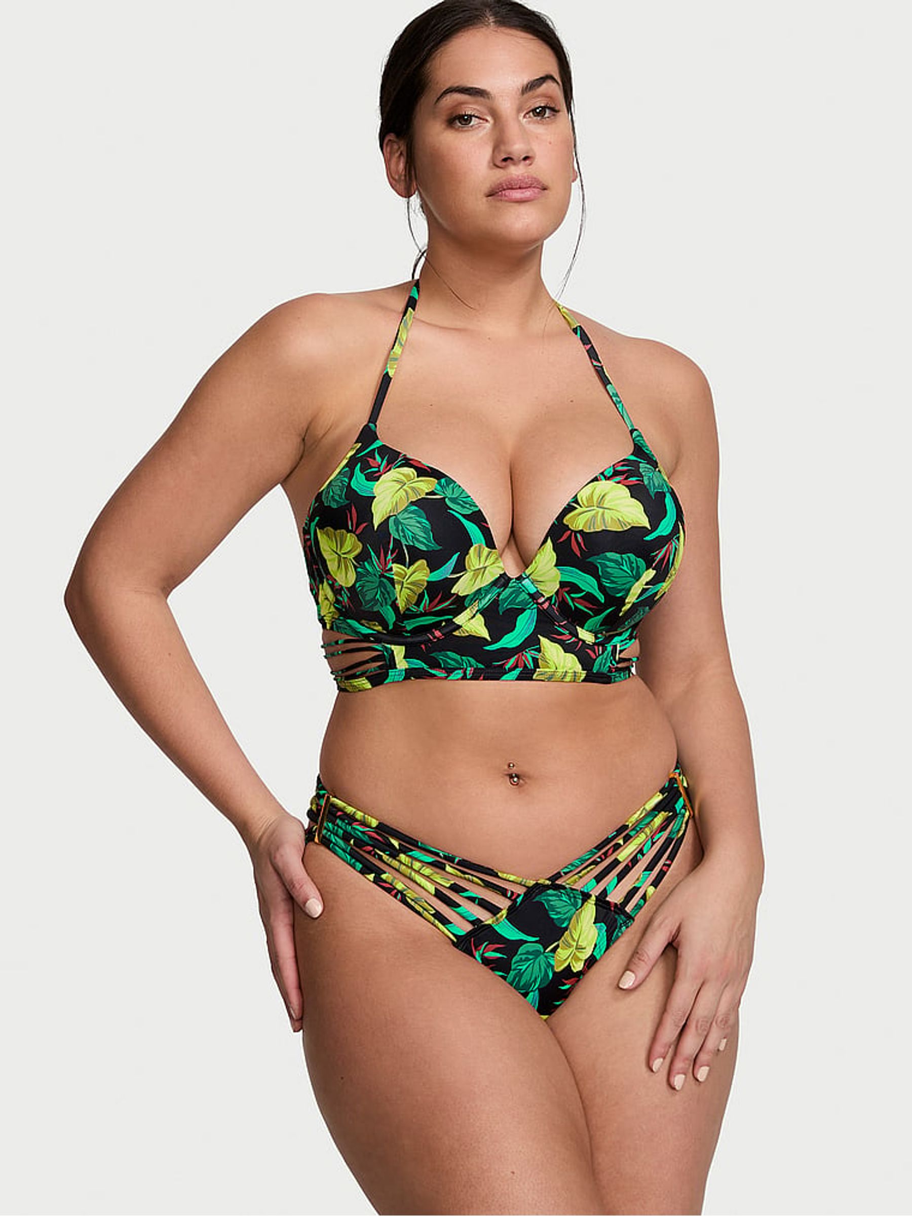 Vintage Leaves Black Add 2 Cups Push Up Archive Swim Bikini Top - Image 1 of 3