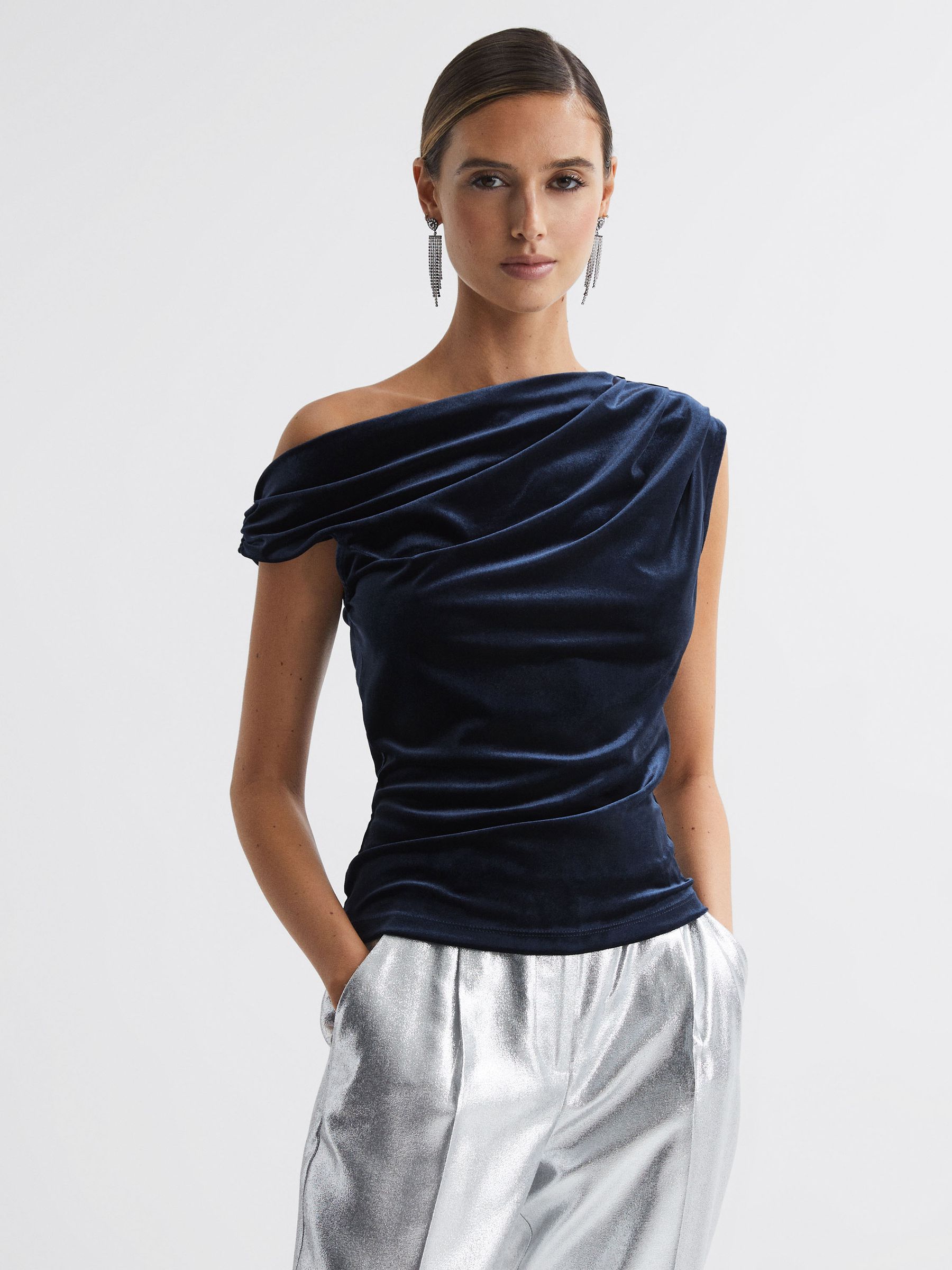 Velvet Off-The-Shoulder Top in Navy - Image 1 of 7