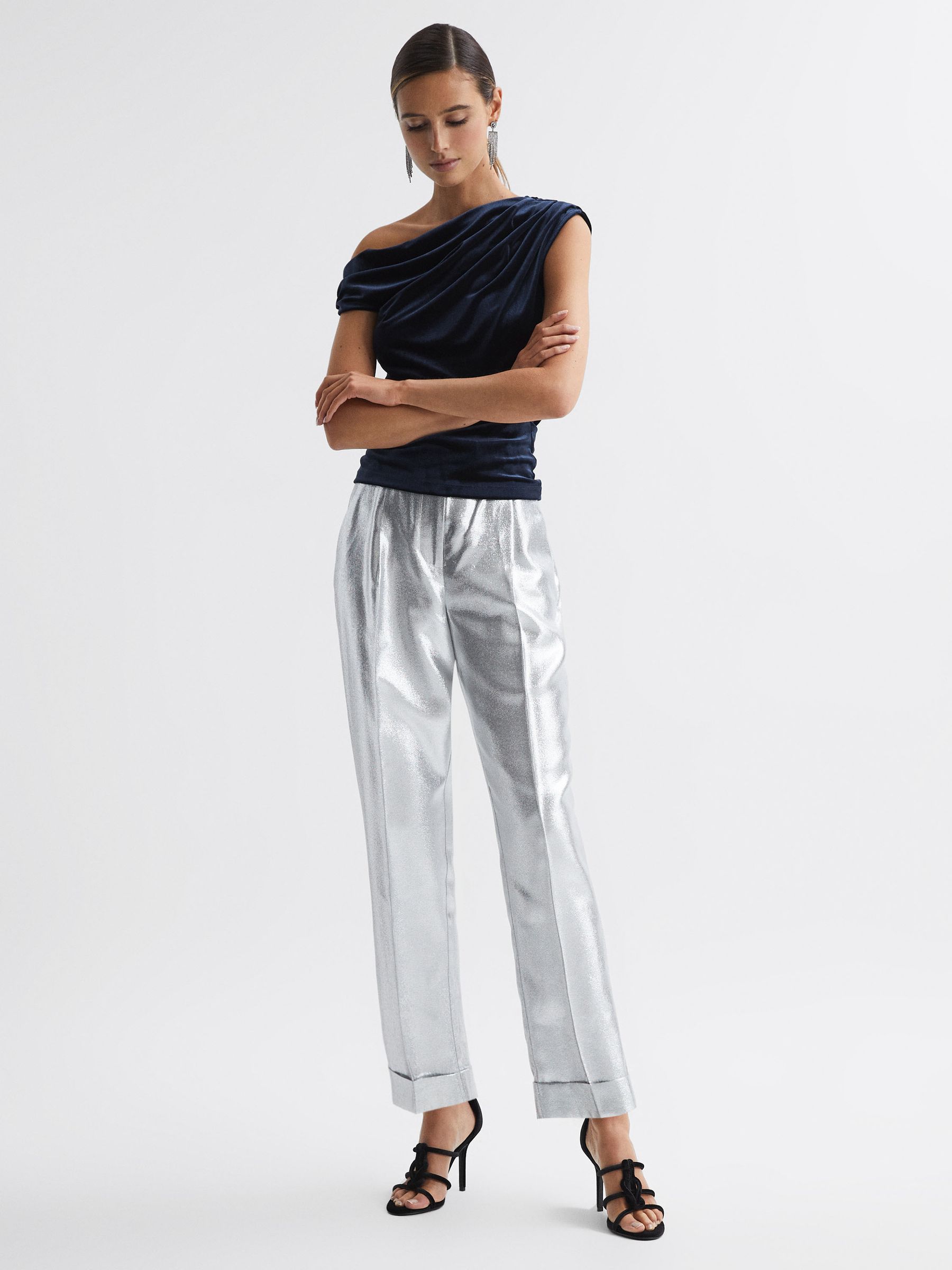 Velvet Off-The-Shoulder Top in Navy - Image 3 of 7