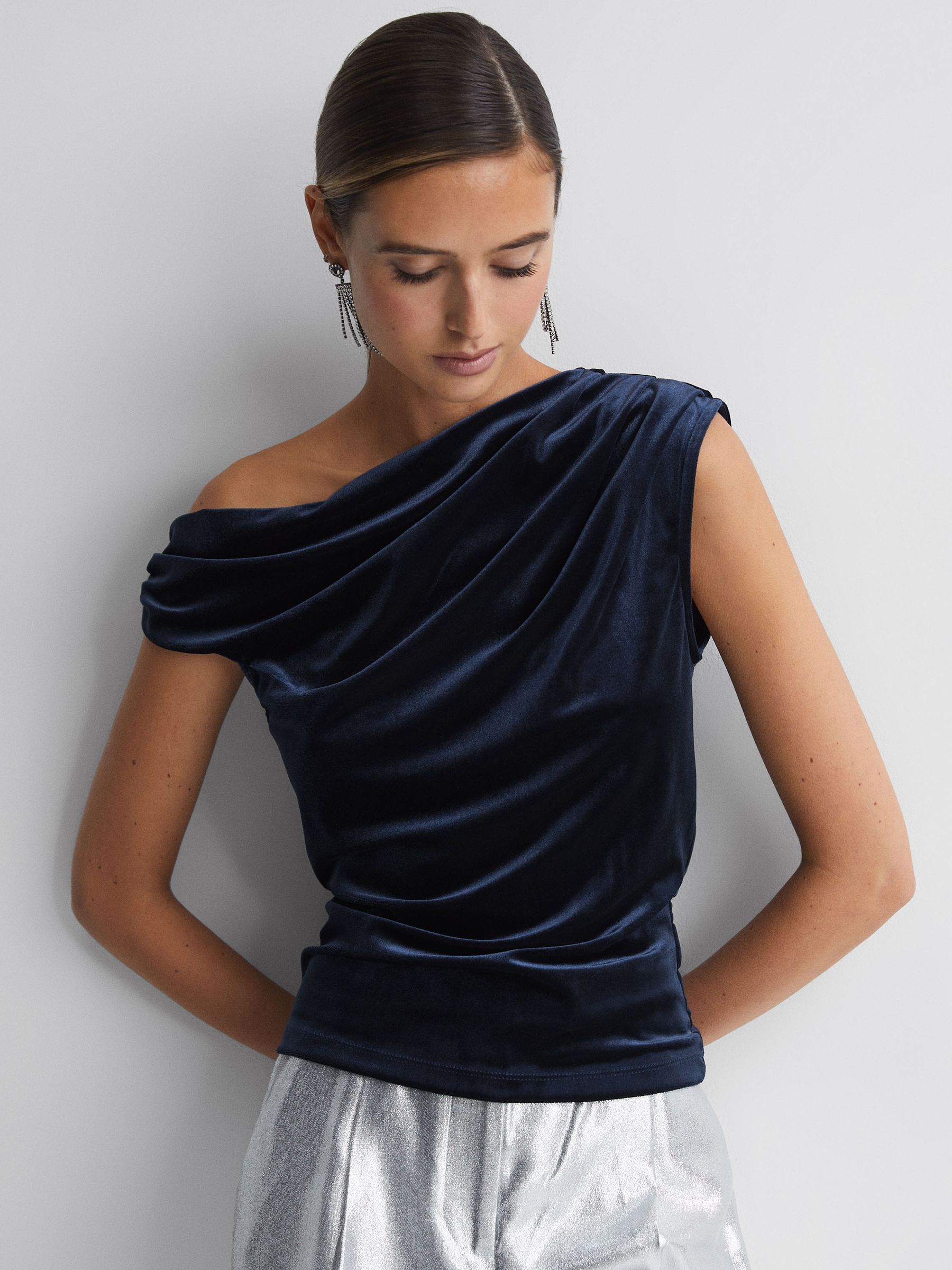 Velvet Off-The-Shoulder Top in Navy - Image 4 of 7