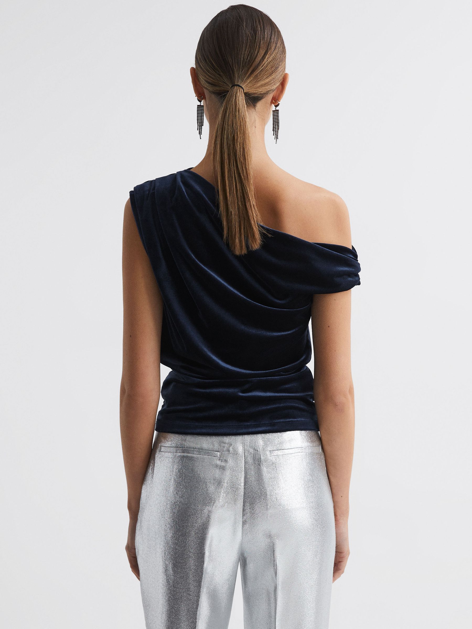 Velvet Off-The-Shoulder Top in Navy - Image 6 of 7