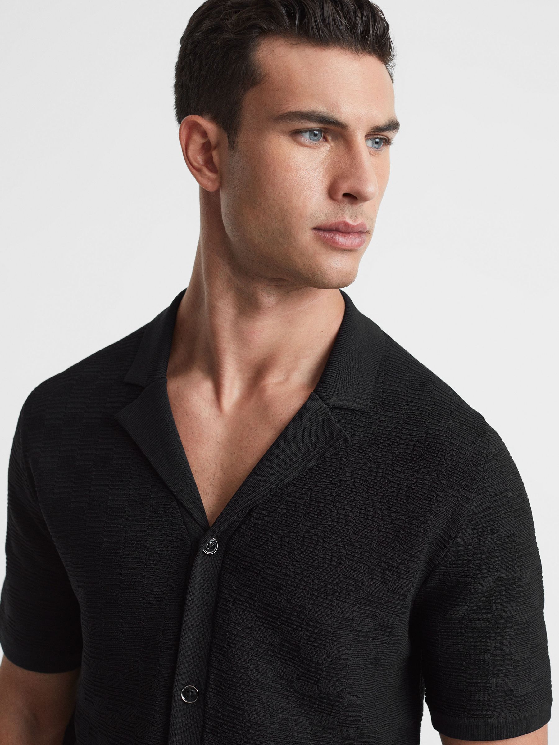 Textured Cuban Collar Button-Through Shirt in Black - Image 1 of 5