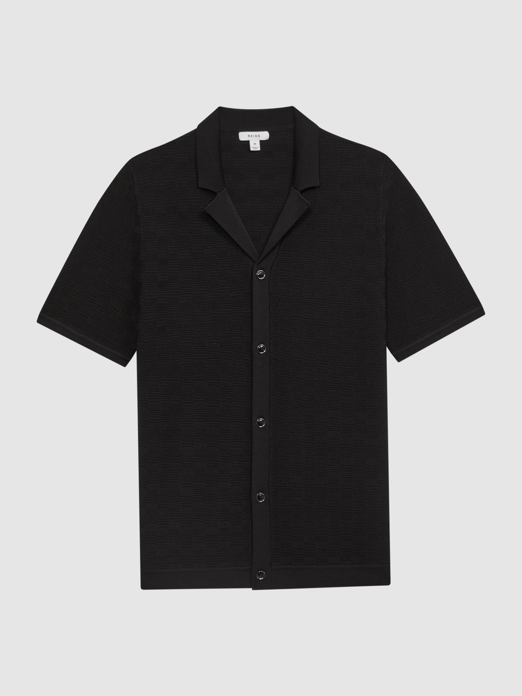 Textured Cuban Collar Button-Through Shirt in Black - Image 2 of 5