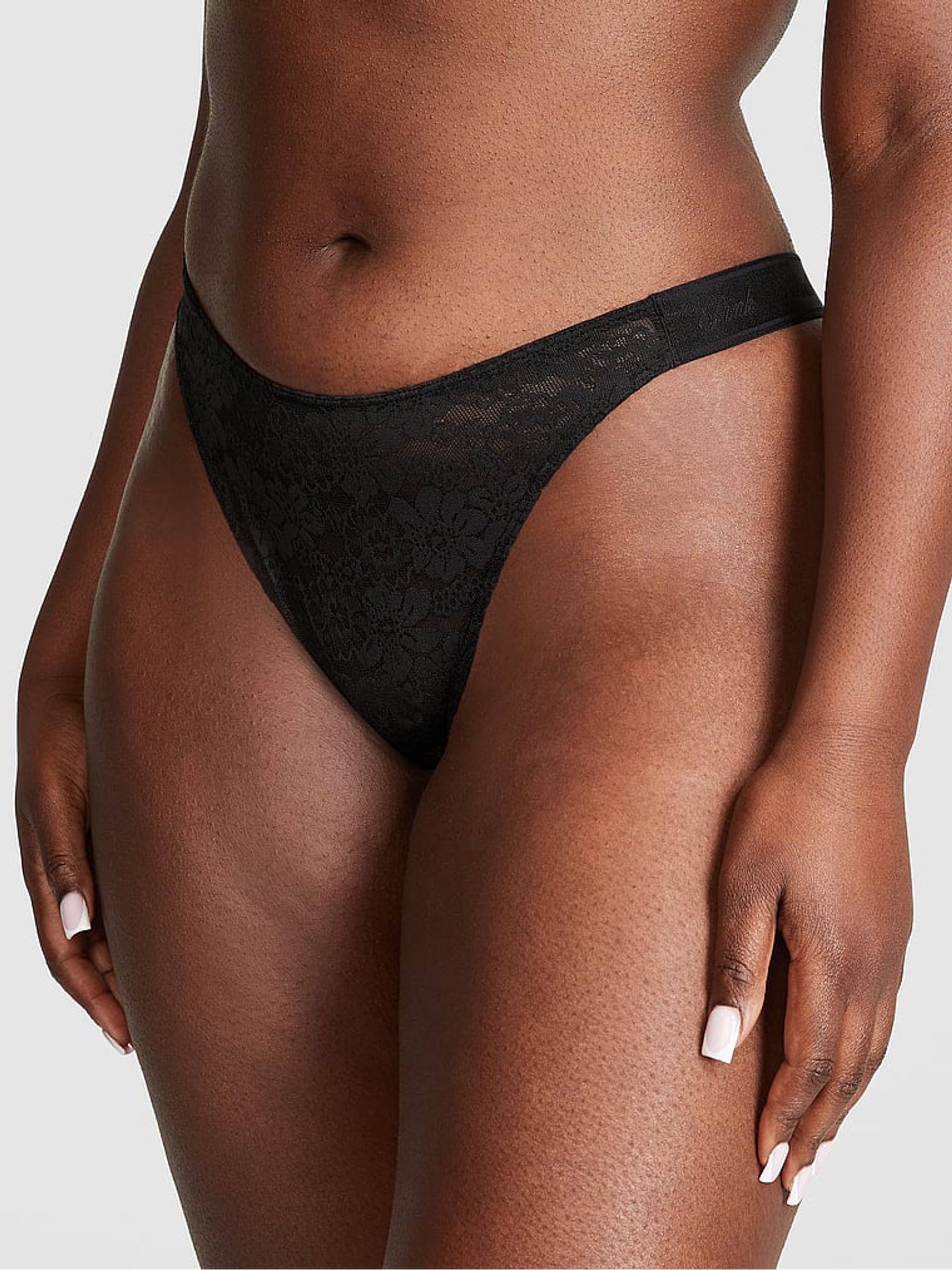 Pure Black Lace Logo Scoop Thong Knickers - Image 1 of 3