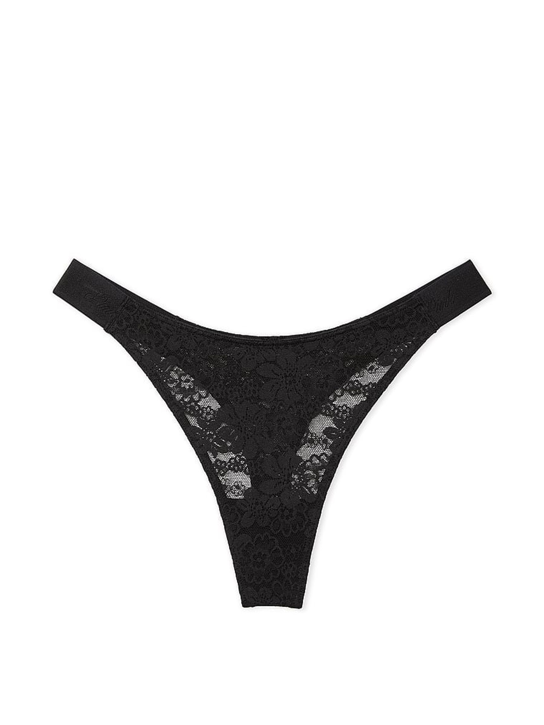 Pure Black Lace Logo Scoop Thong Knickers - Image 3 of 3