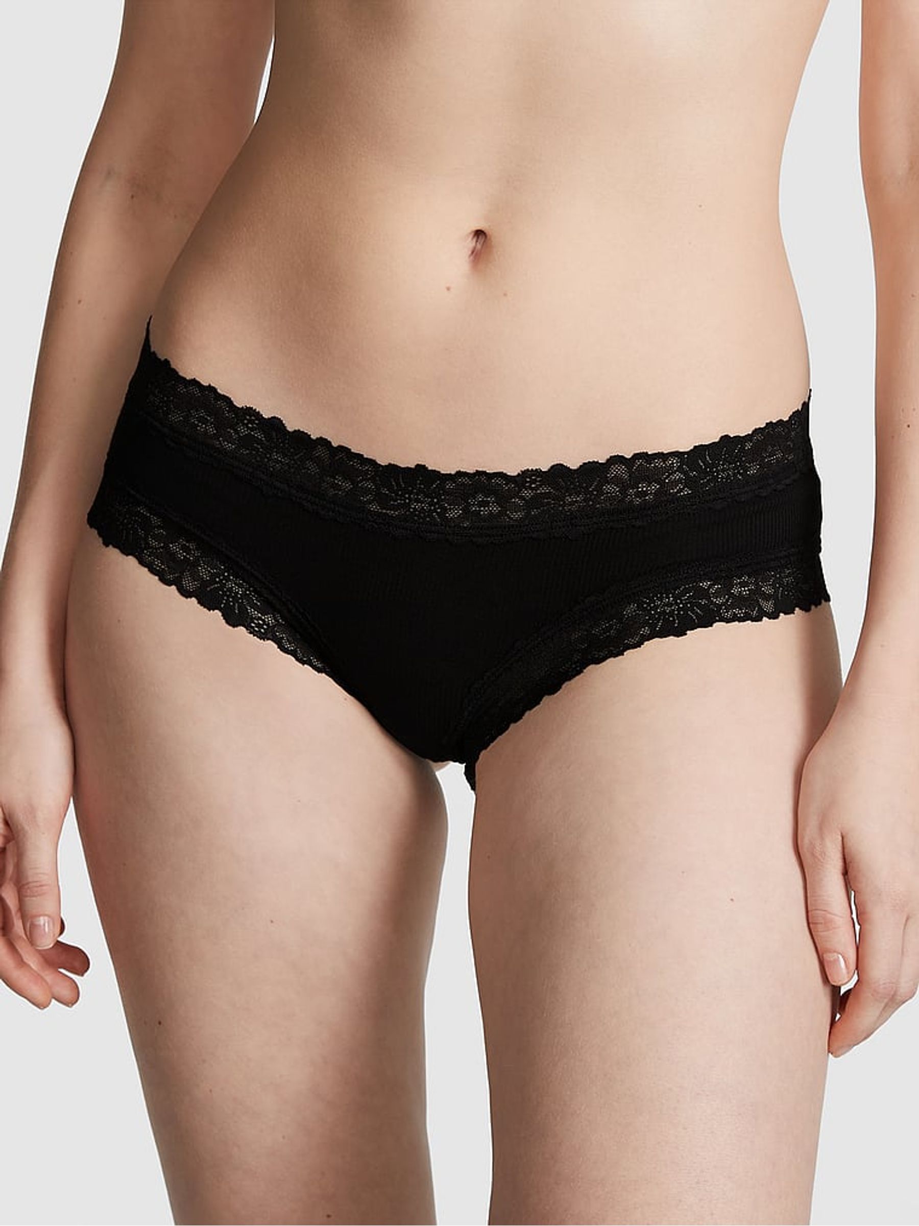 Pure Black Lace Trim Rib Cheeky Knickers - Image 1 of 3
