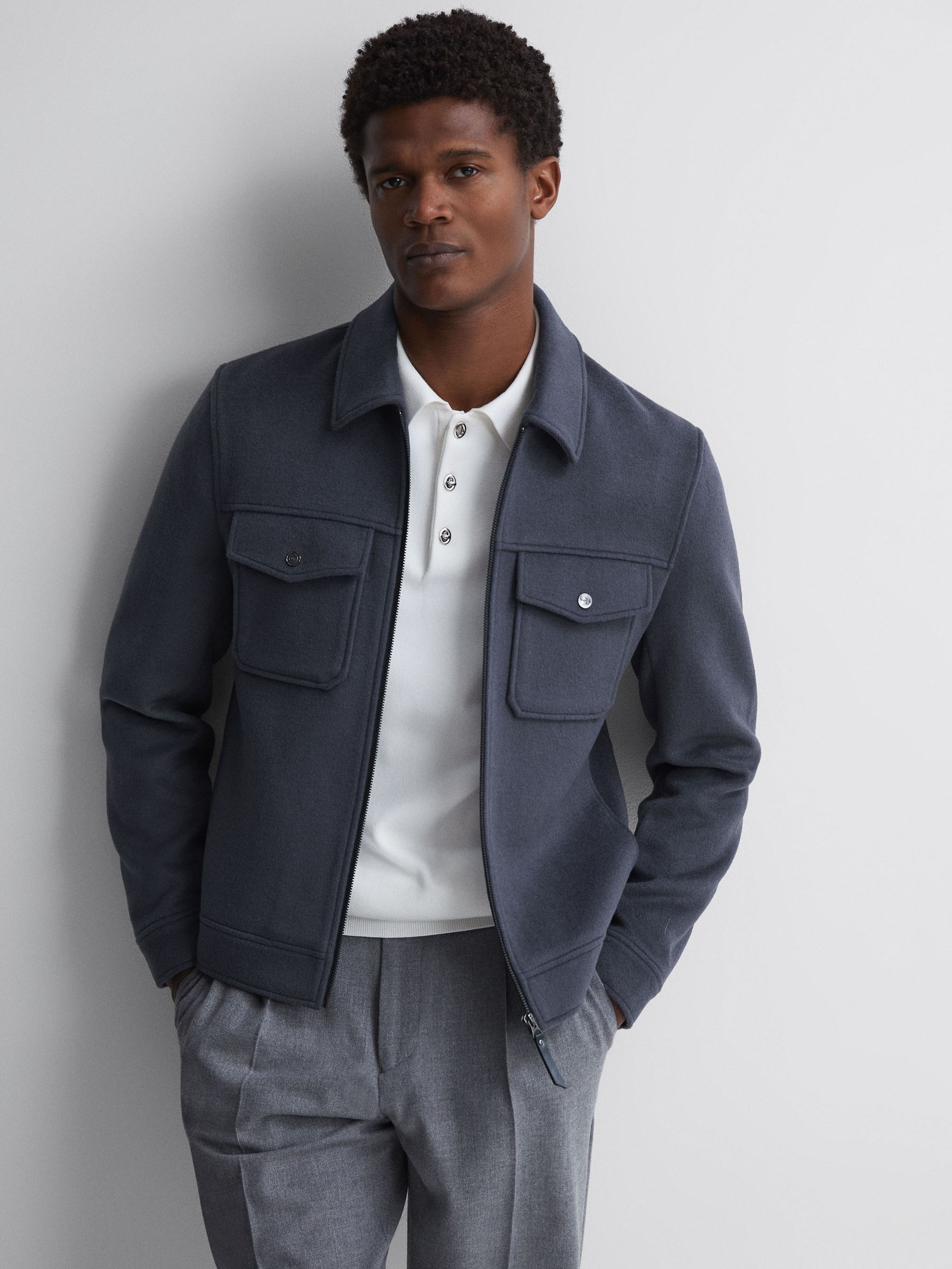Wool Zip Through Jacket in Airforce Blue - Image 1 of 5 Wool Zip Through Jacket in Airforce Blue - Image 1 of 5