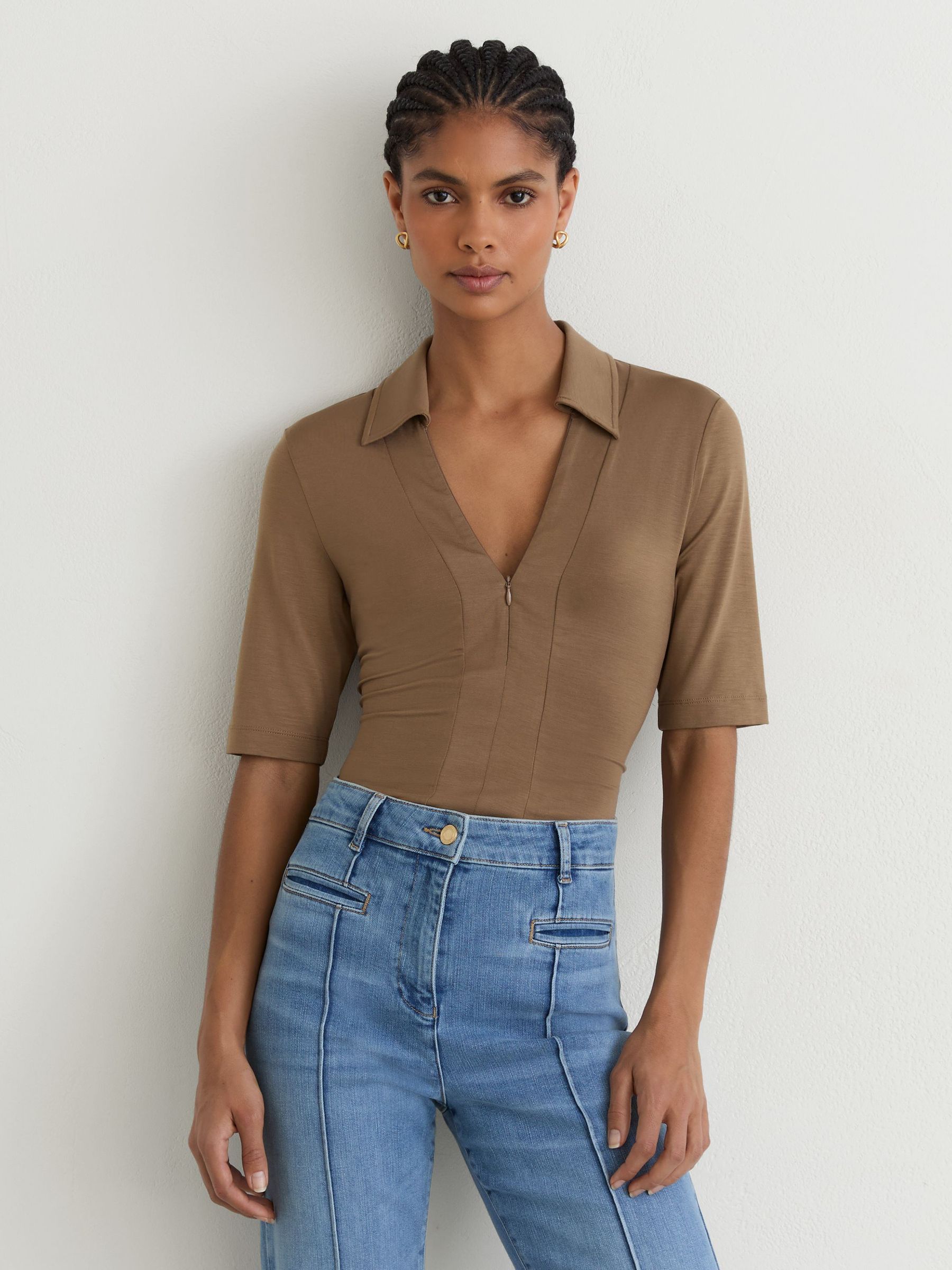 Jersey Half-Zip Polo Top in Taupe Brown - Image 1 of 6 Jersey Half-Zip Polo Top in Taupe Brown - Image 1 of 6