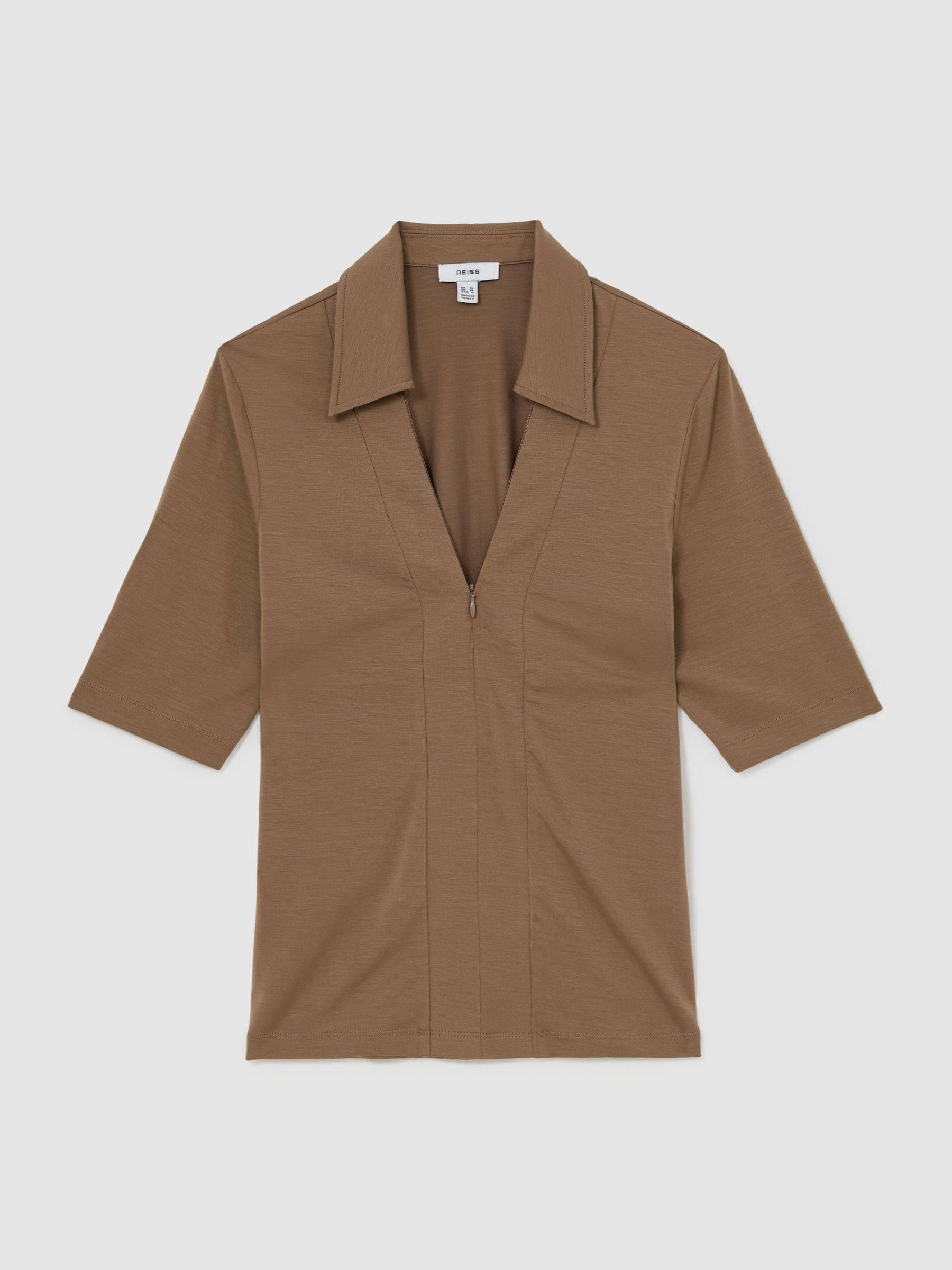 Jersey Half-Zip Polo Top in Taupe Brown - Image 2 of 6