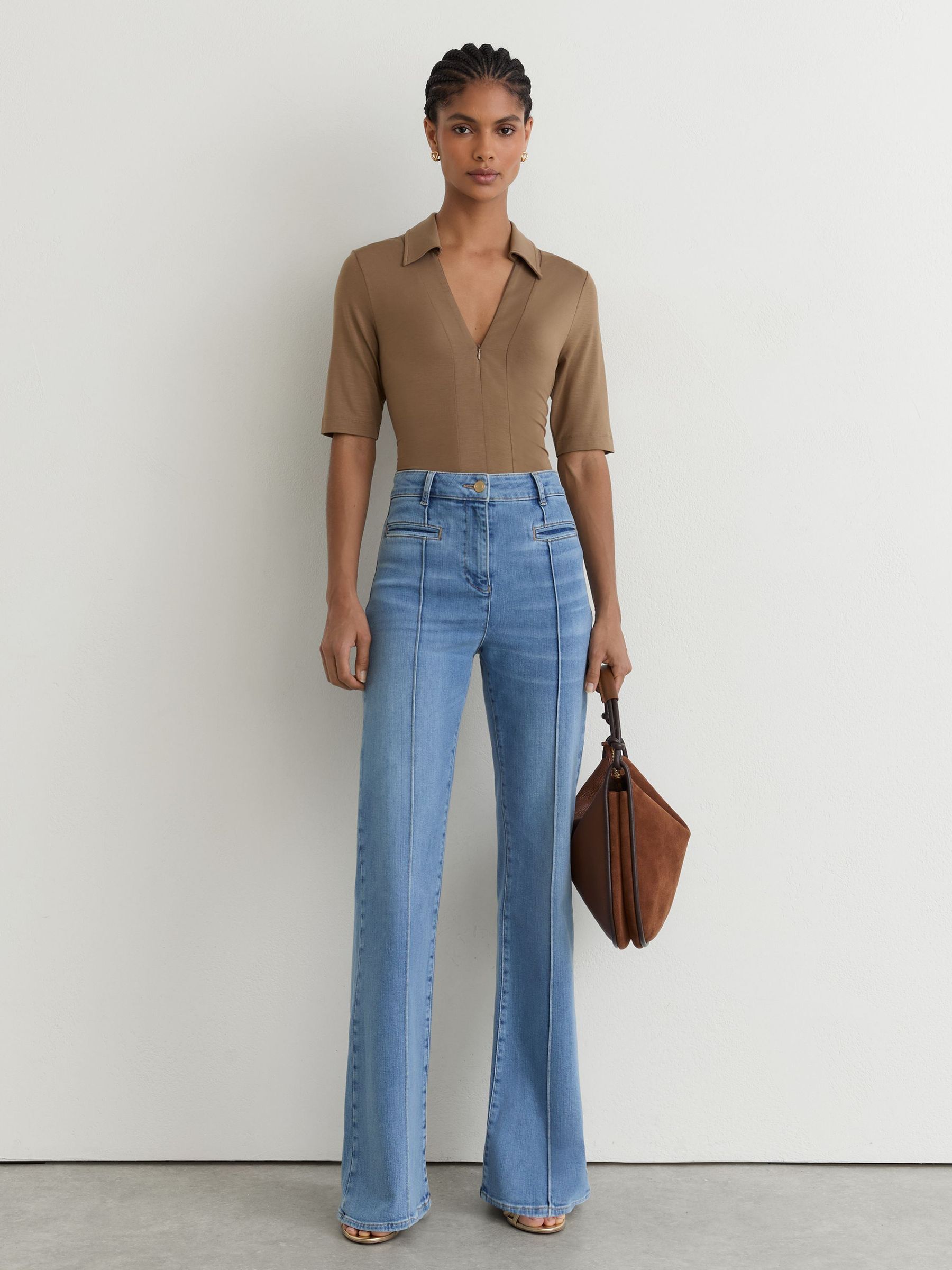 Jersey Half-Zip Polo Top in Taupe Brown - Image 3 of 6
