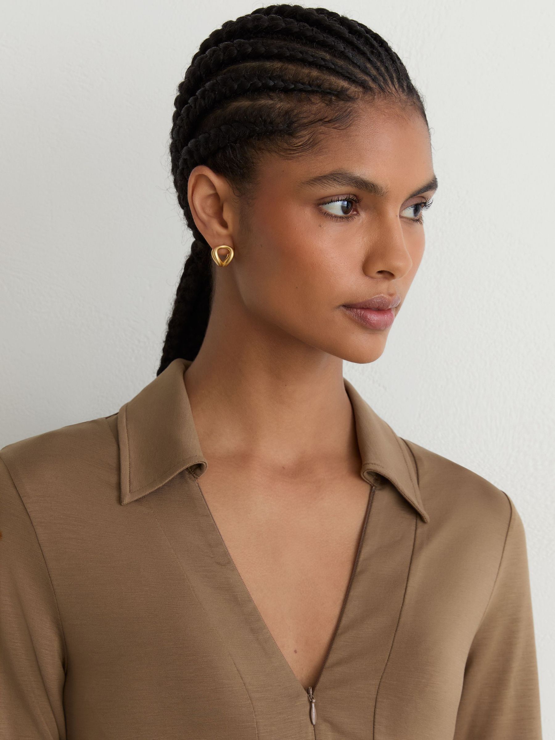 Jersey Half-Zip Polo Top in Taupe Brown - Image 4 of 6