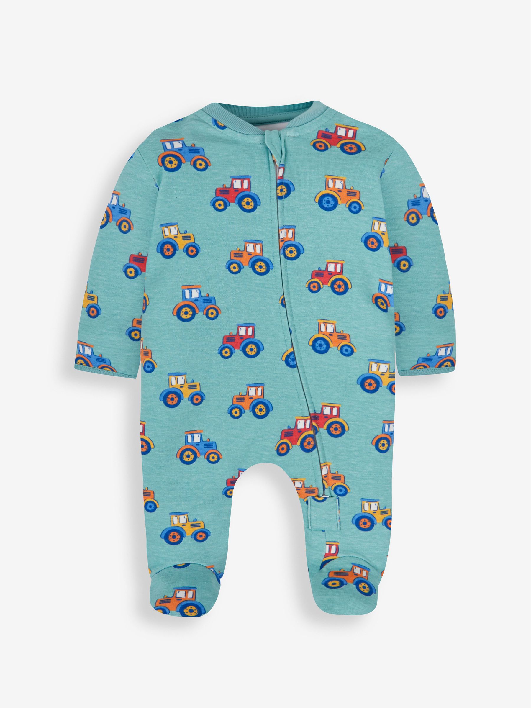 Teal Tractor Print Zip Cotton Baby Sleepsuit - Image 1 of 3