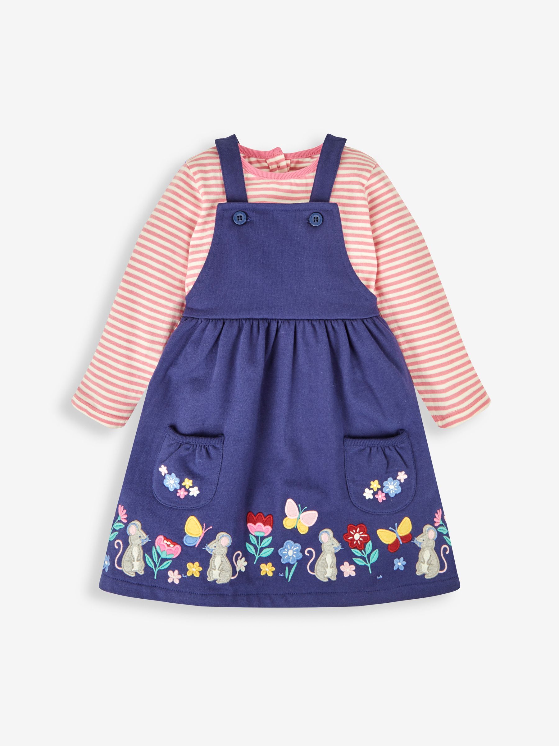 Navy Blue Hedgerow Friends Girls' 2-Piece Appliqué Pinafore Dress & Top Set - Image 1 of 6
