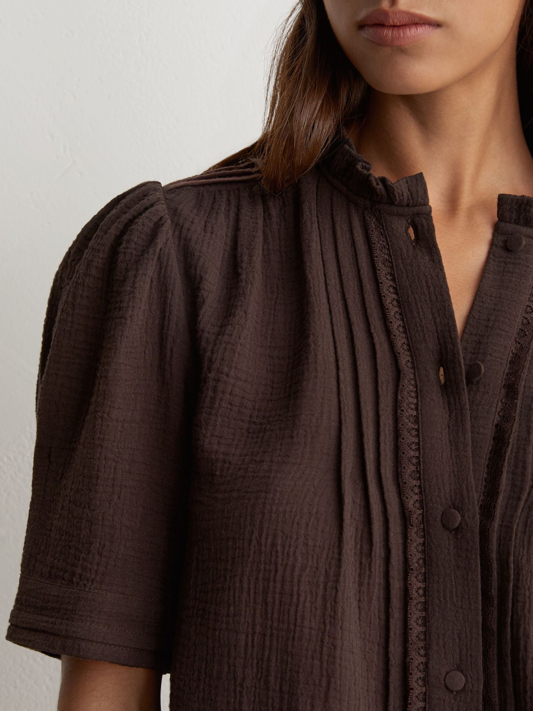 Cotton Cheesecloth Frill-Neck Top in Chocolate Brown - Image 1 of 6