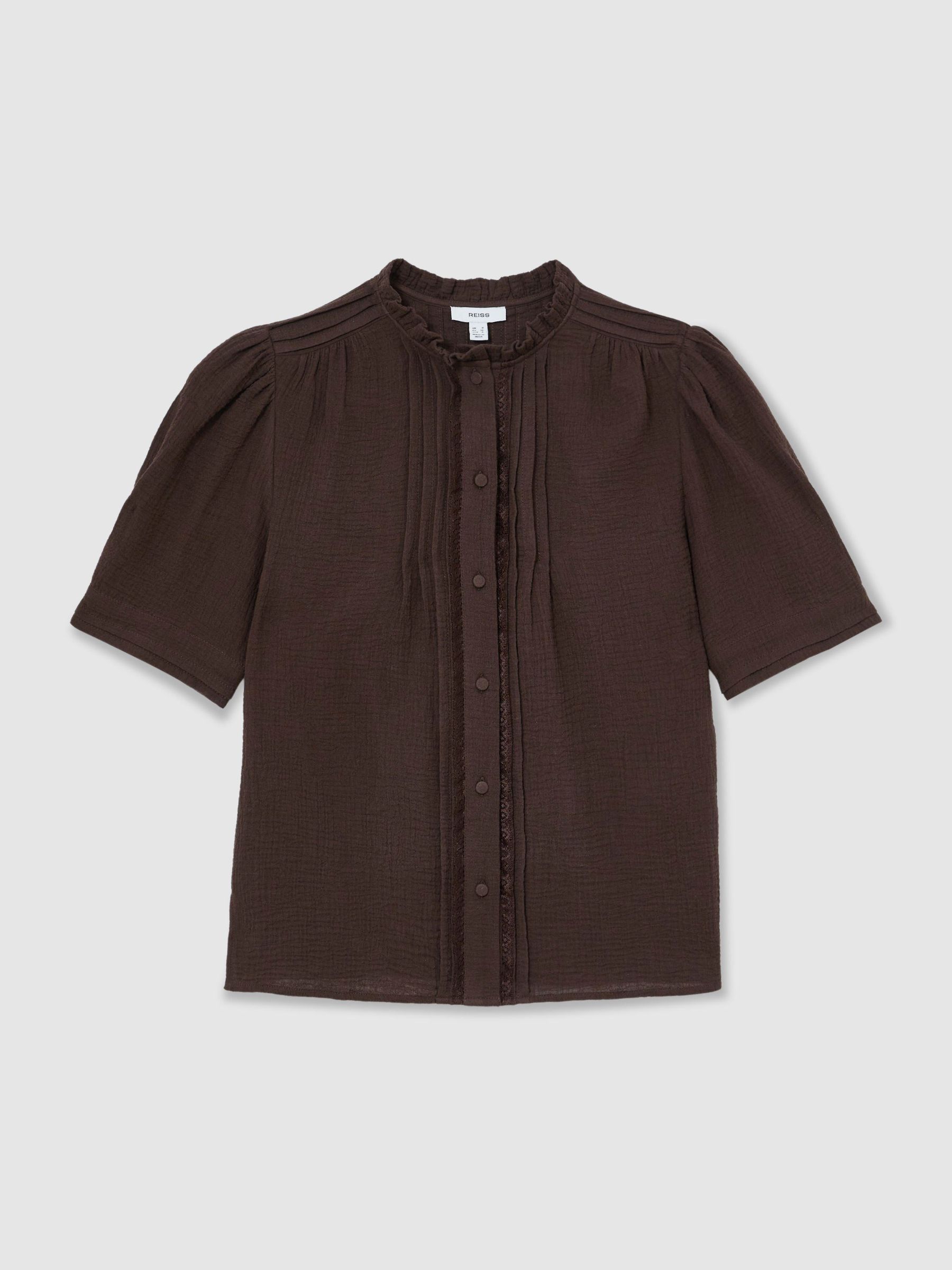 Cotton Cheesecloth Frill-Neck Top in Chocolate Brown - Image 2 of 6