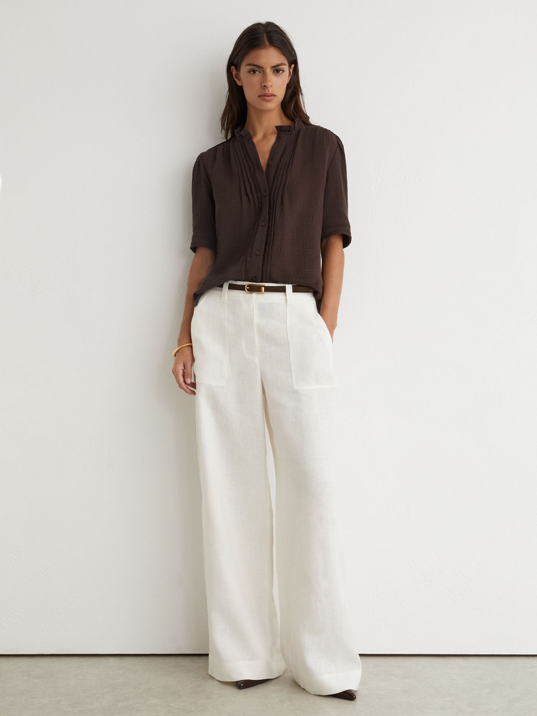 Cotton Cheesecloth Frill-Neck Top in Chocolate Brown - Image 3 of 6
